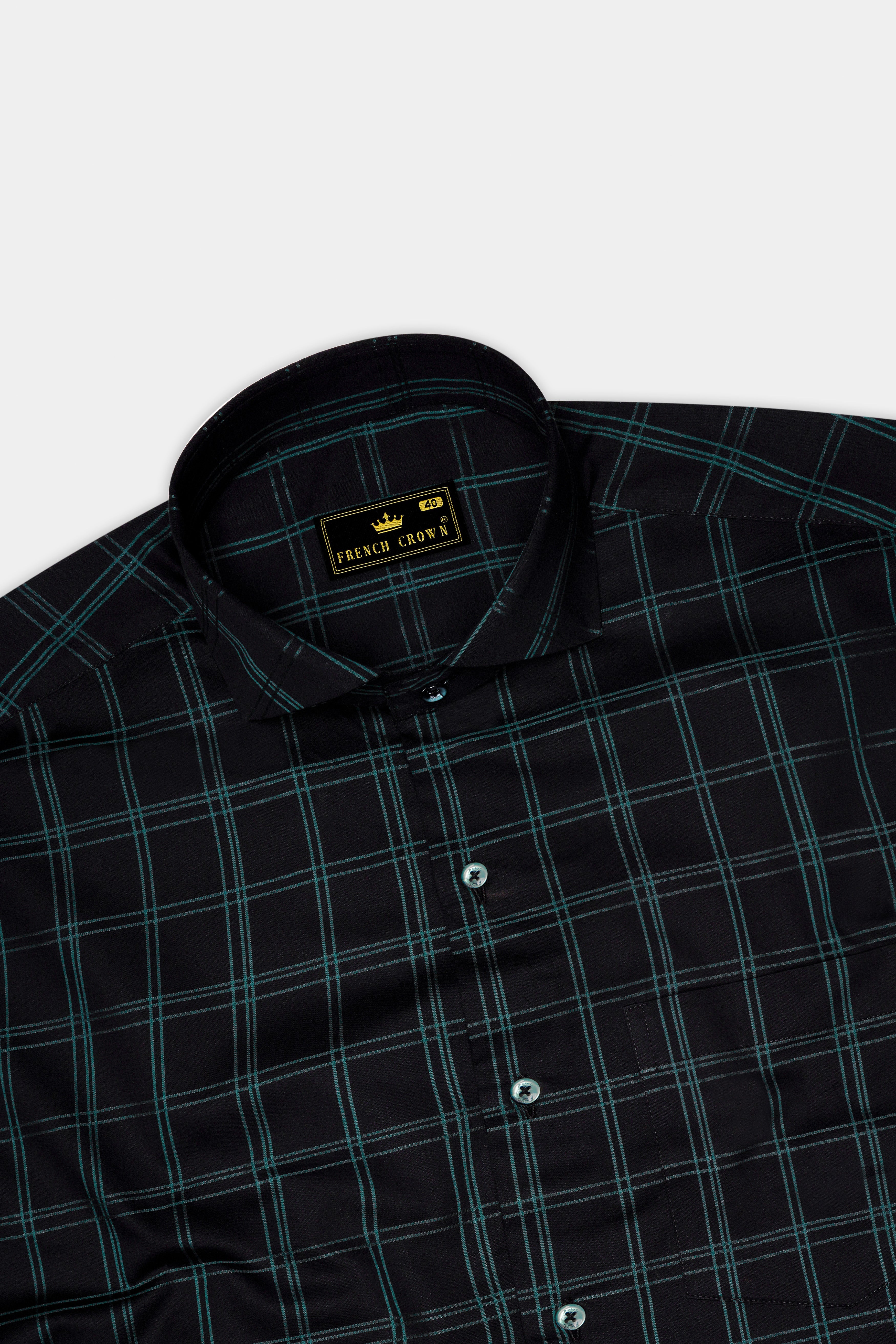 Verdant-Jade Black And Slate Green Plaid Dobby Textured Premium Giza Cotton Dress Shirt