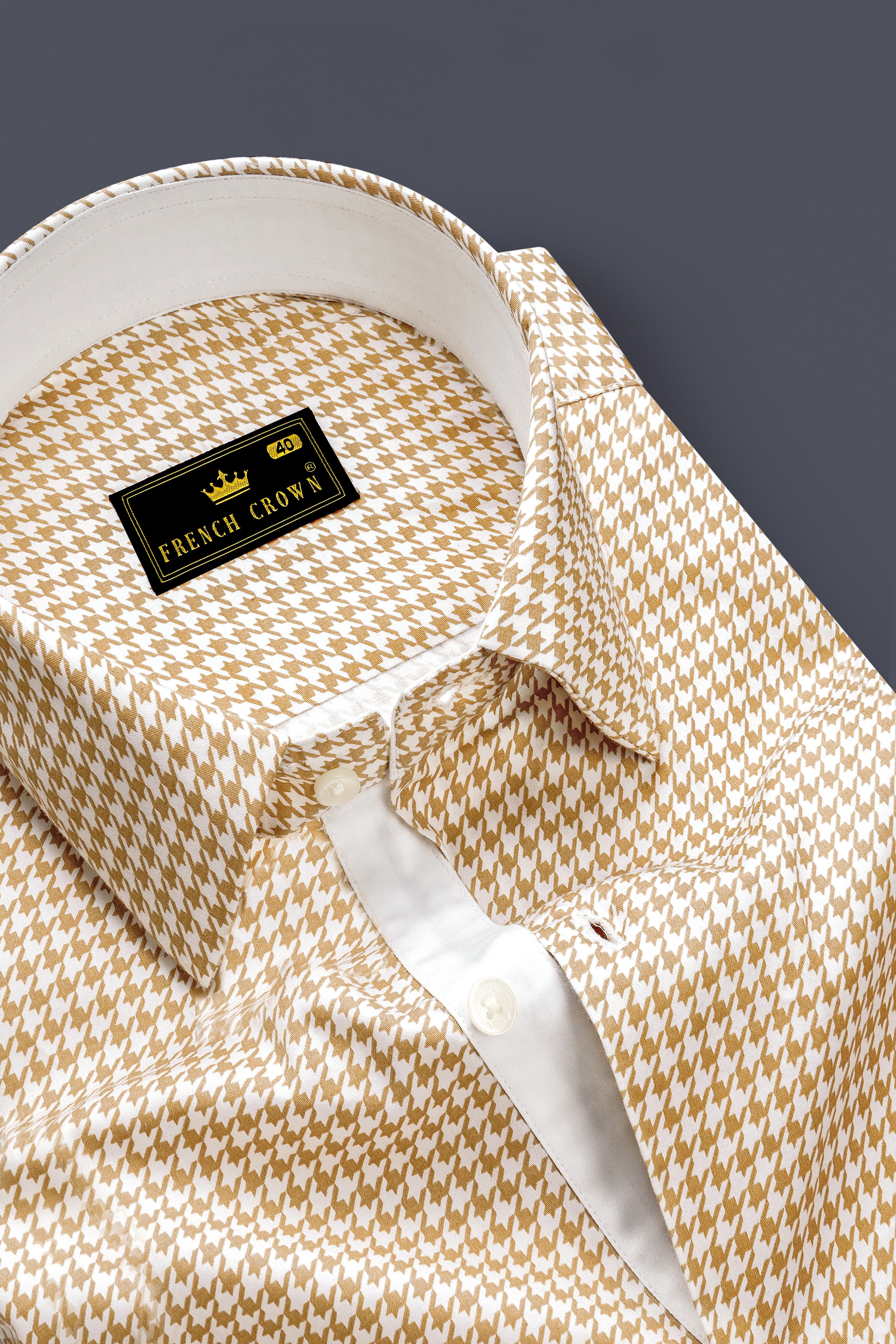 Rustiq-Barley Brown And Bright White Houndstooth Printed Super Soft Premium Cotton Dress Shirt
