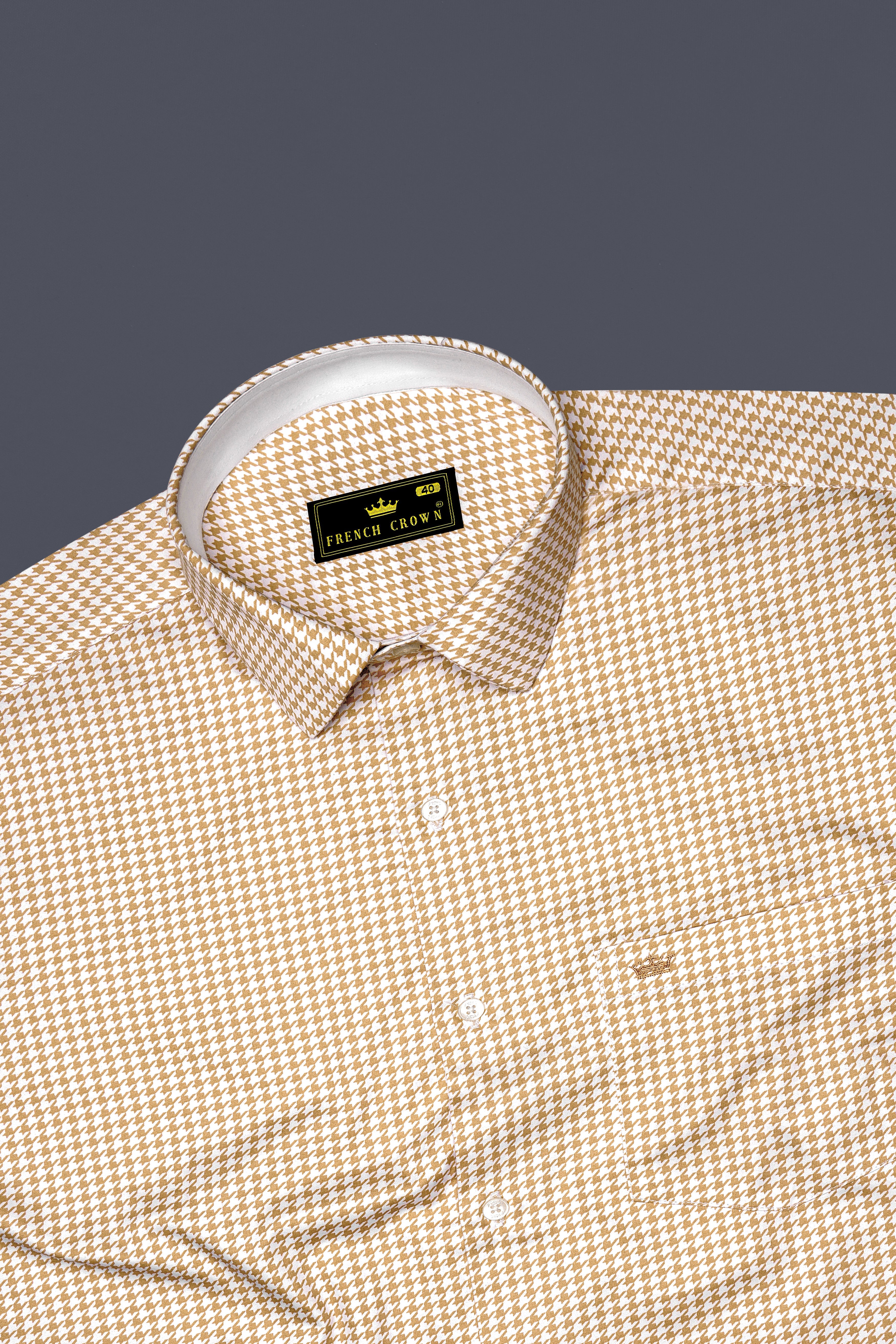 Rustiq-Barley Brown And Bright White Houndstooth Printed Super Soft Premium Cotton Dress Shirt
