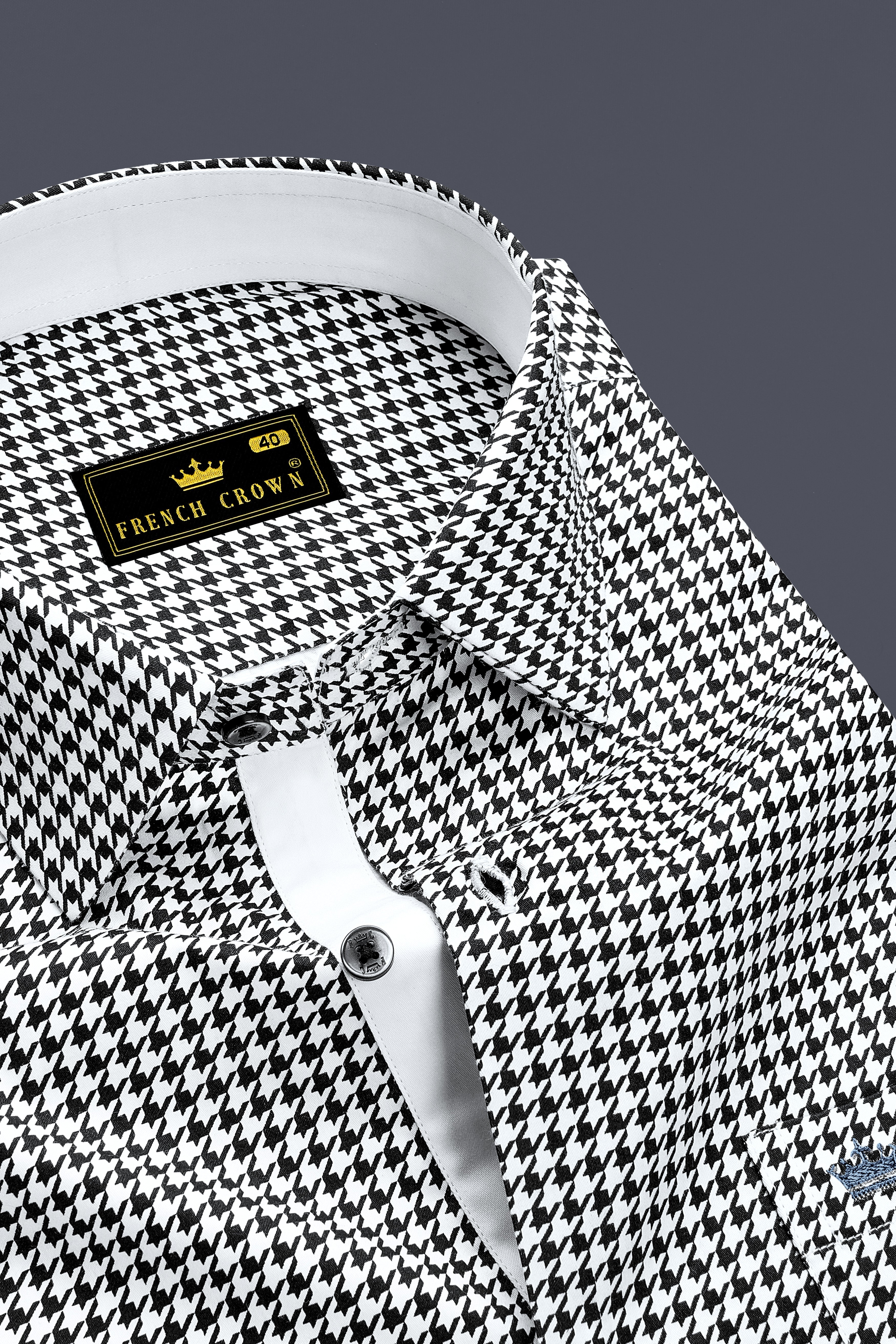 Regalis-Jade Black And Bright White Houndstooth Printed Super Soft Premium Cotton Dress Shirt