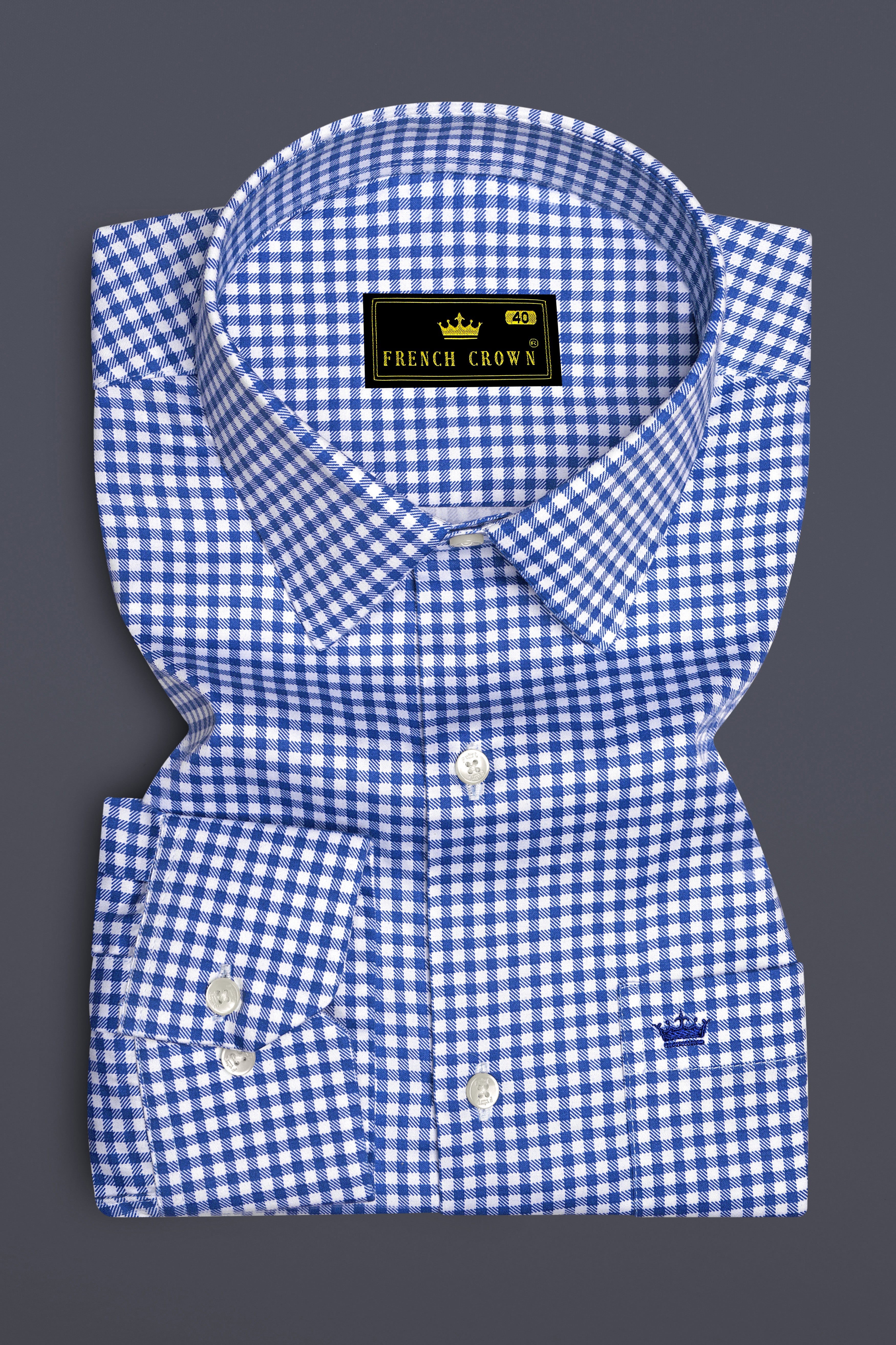 Cerulio-Cerulean Blue And Bright White Gingham Plaid Subtle Sheen Super Soft Premium Cotton Dress Shirt