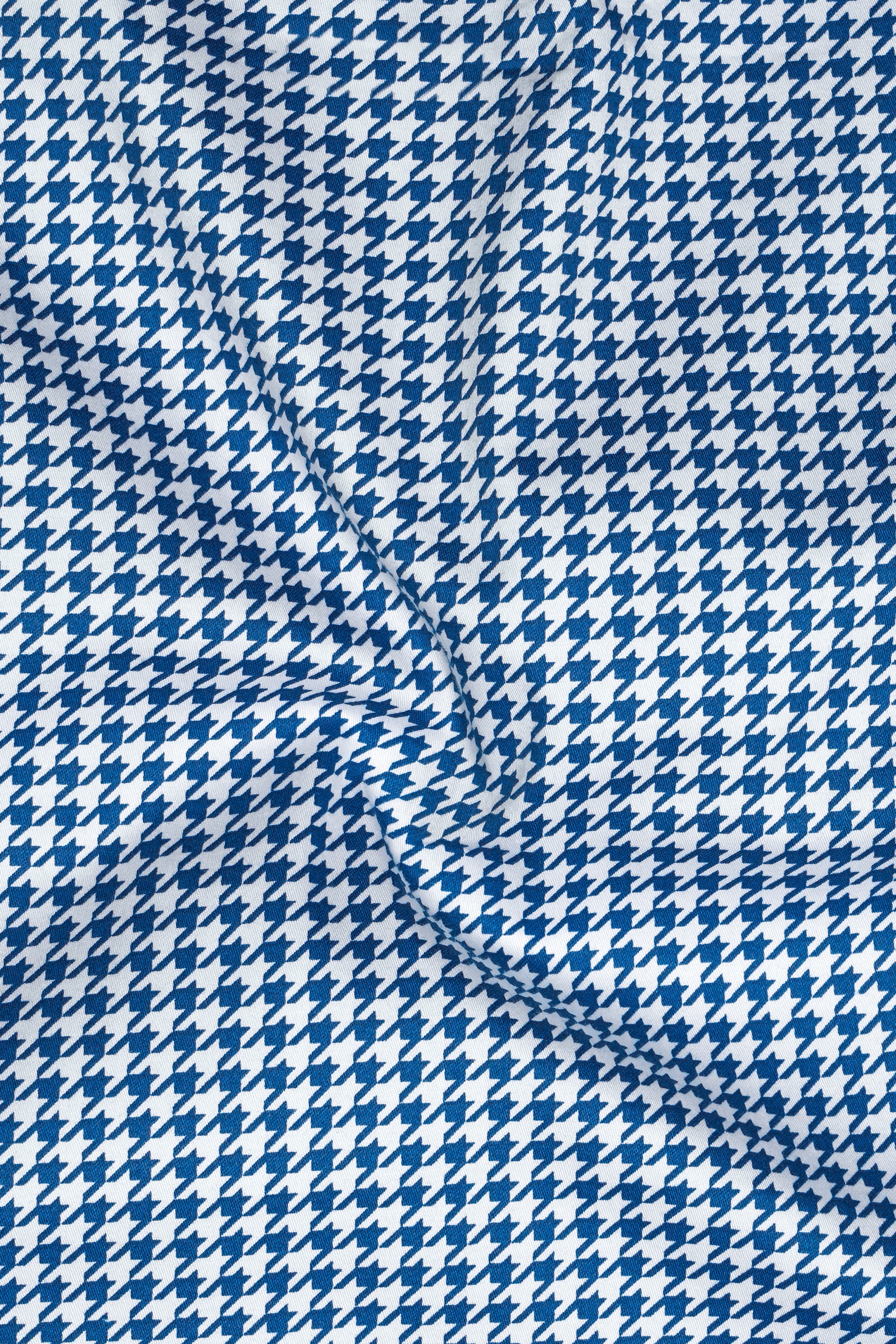 Creston-Lapis Blue And Bright White Houndstooth Printed Super Soft Premium Cotton Dress White Cuff Collar Shirt