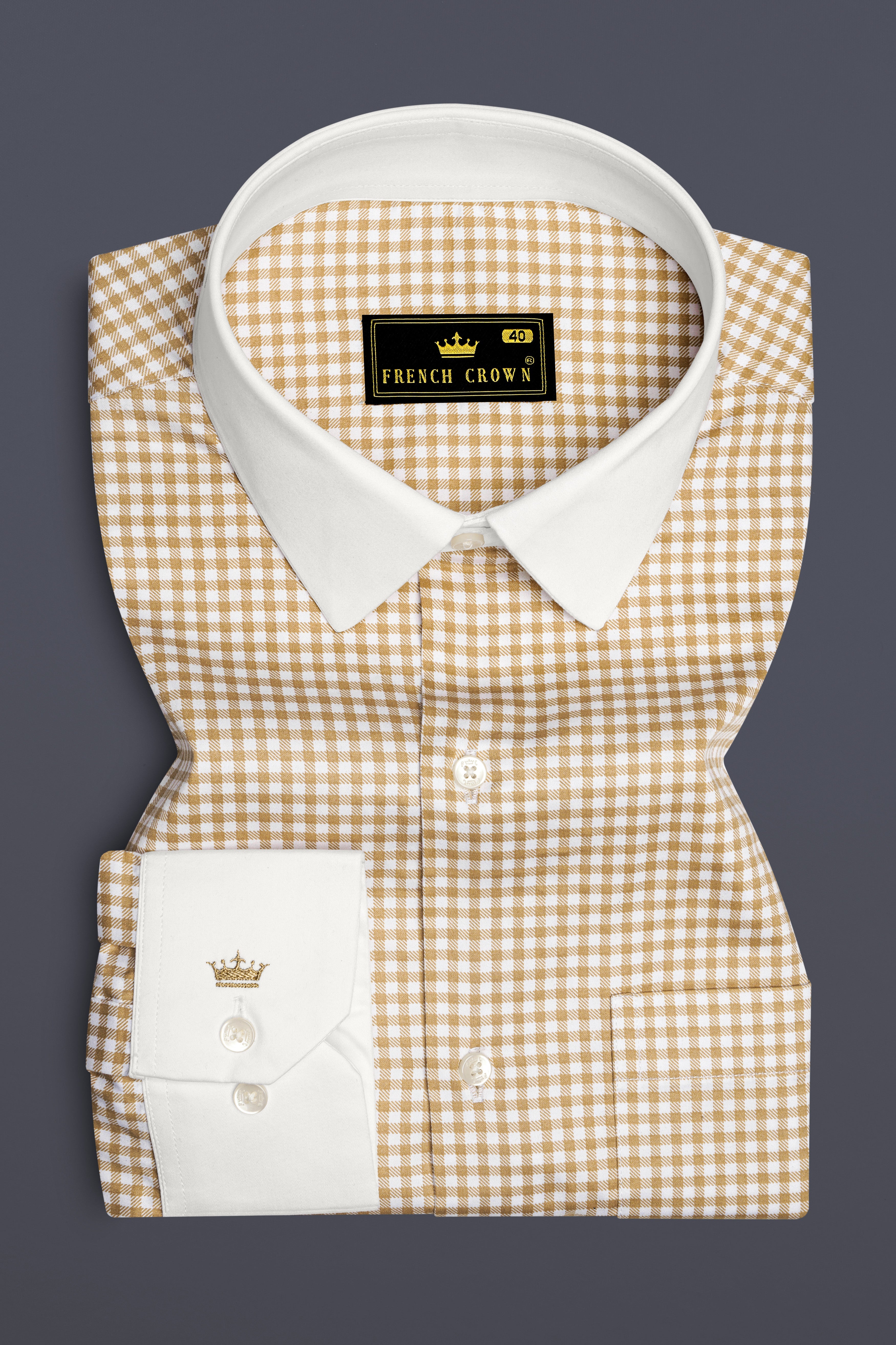Rustiq-Barley Brown And Bright White Gingham Plaid Super Soft Premium Cotton Dress White Cuff Collar Shirt