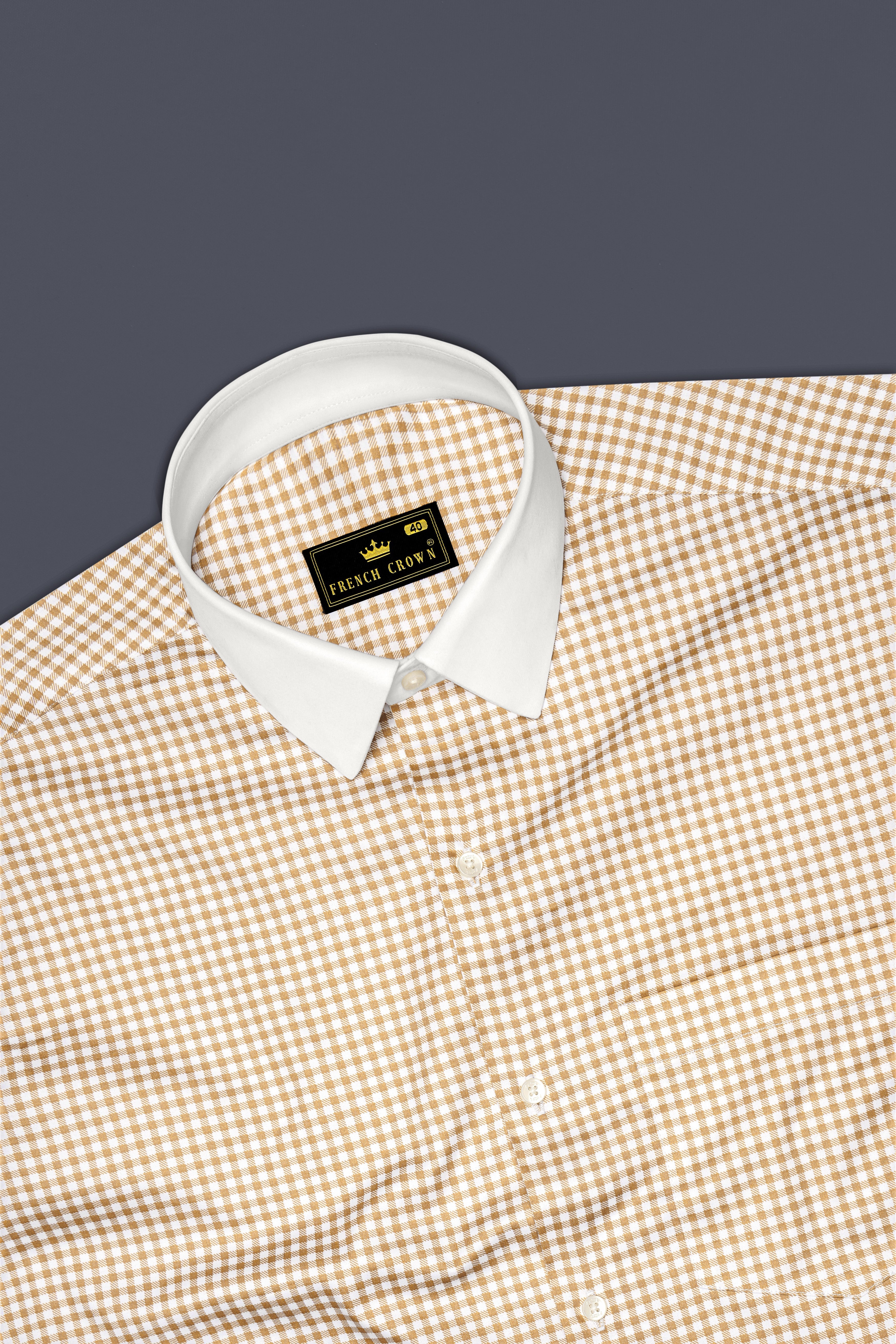 Rustiq-Barley Brown And Bright White Gingham Plaid Super Soft Premium Cotton Dress White Cuff Collar Shirt