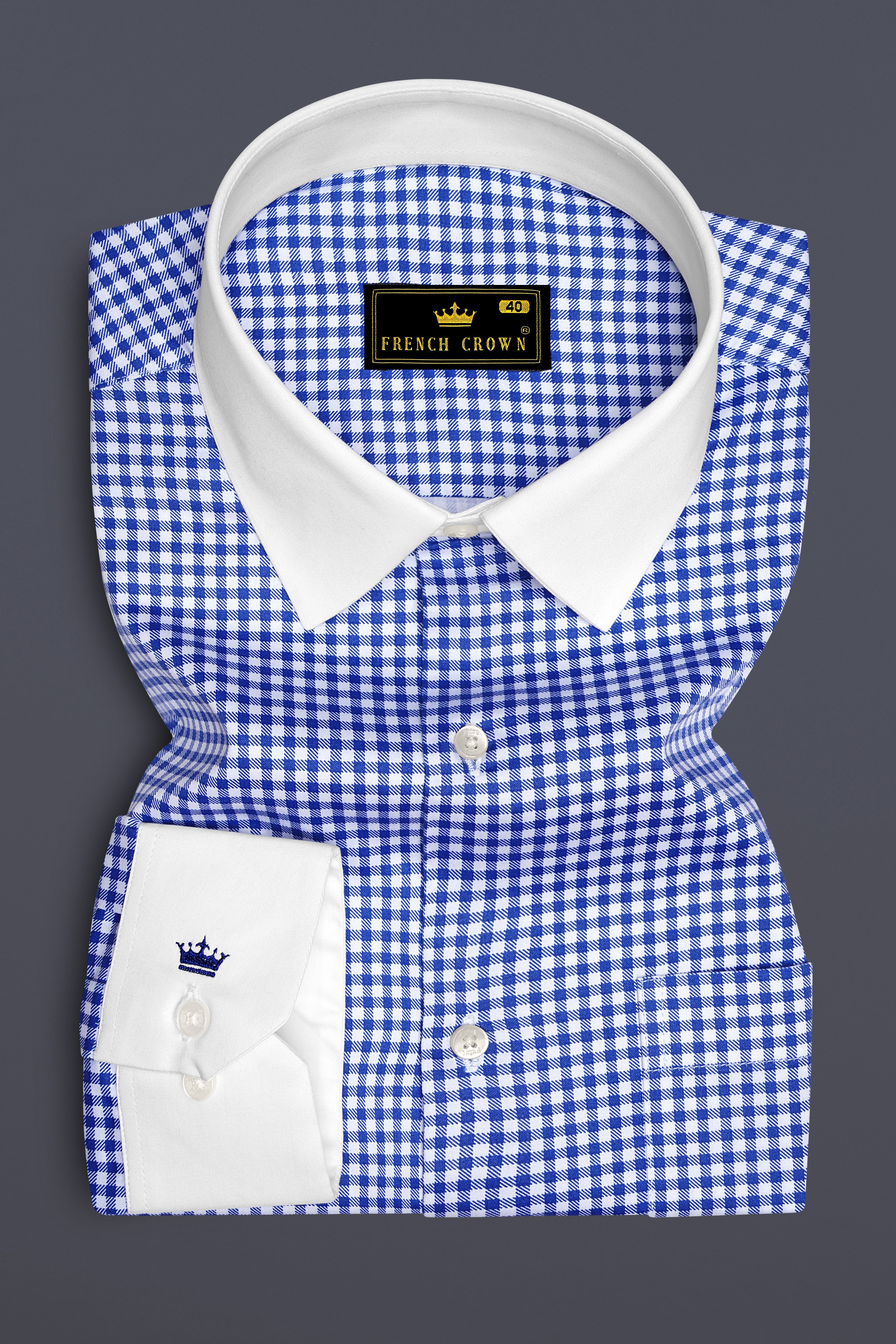 Cerulio-Cerulean Blue And Bright White Gingham Plaid Super Soft Premium Cotton Dress White Cuff Collar Shirt