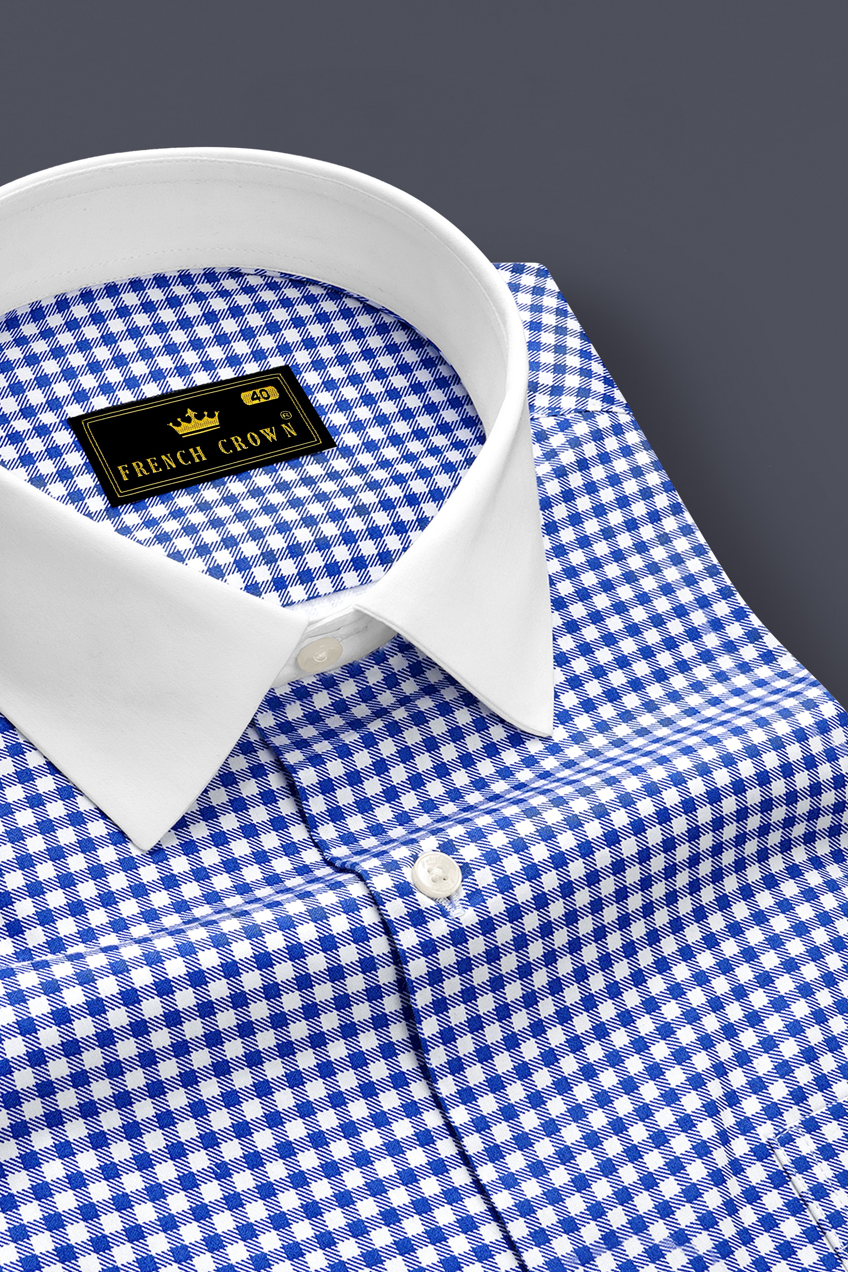 Cerulio-Cerulean Blue And Bright White Gingham Plaid Super Soft Premium Cotton Dress White Cuff Collar Shirt