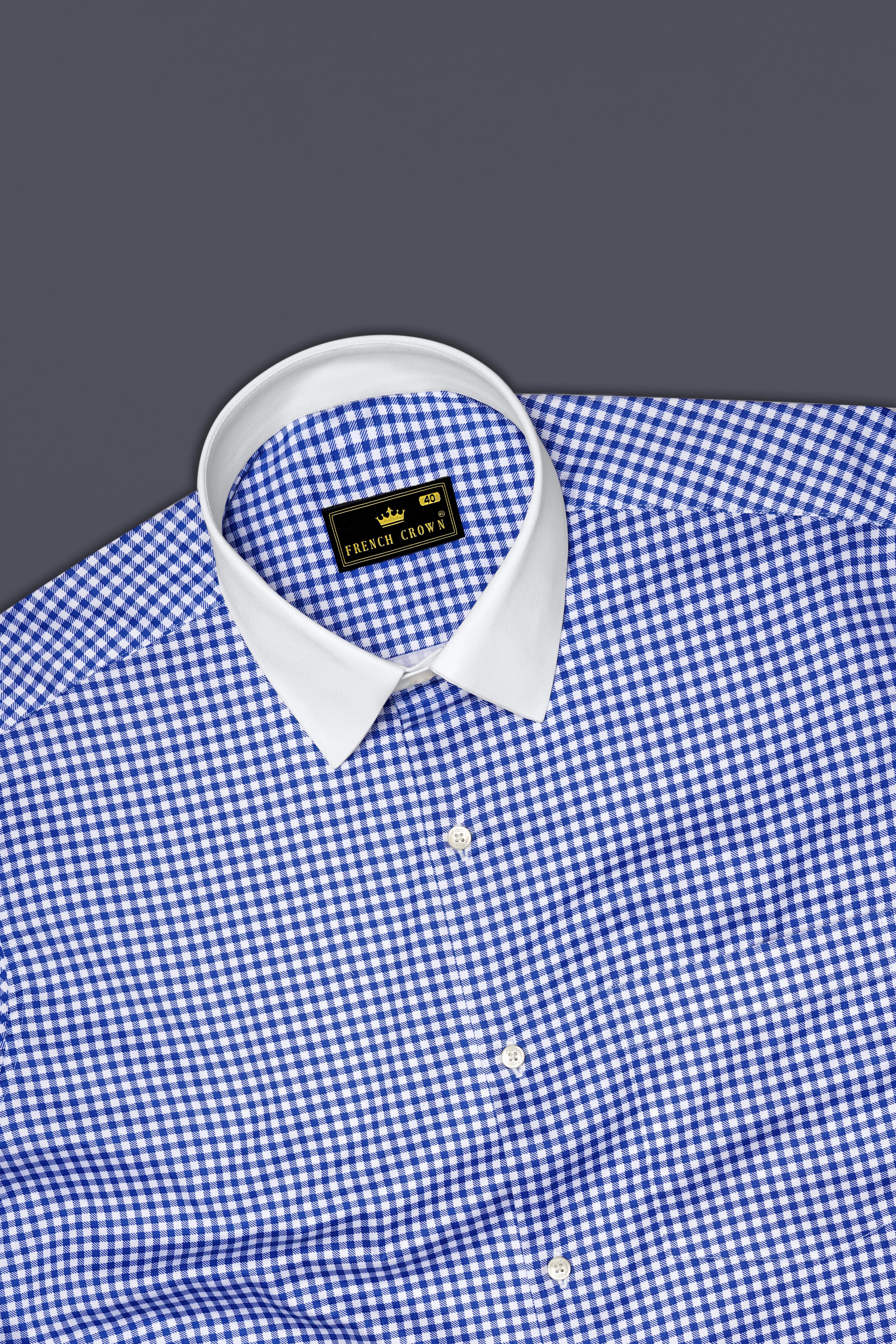 Cerulio-Cerulean Blue And Bright White Gingham Plaid Super Soft Premium Cotton Dress White Cuff Collar Shirt