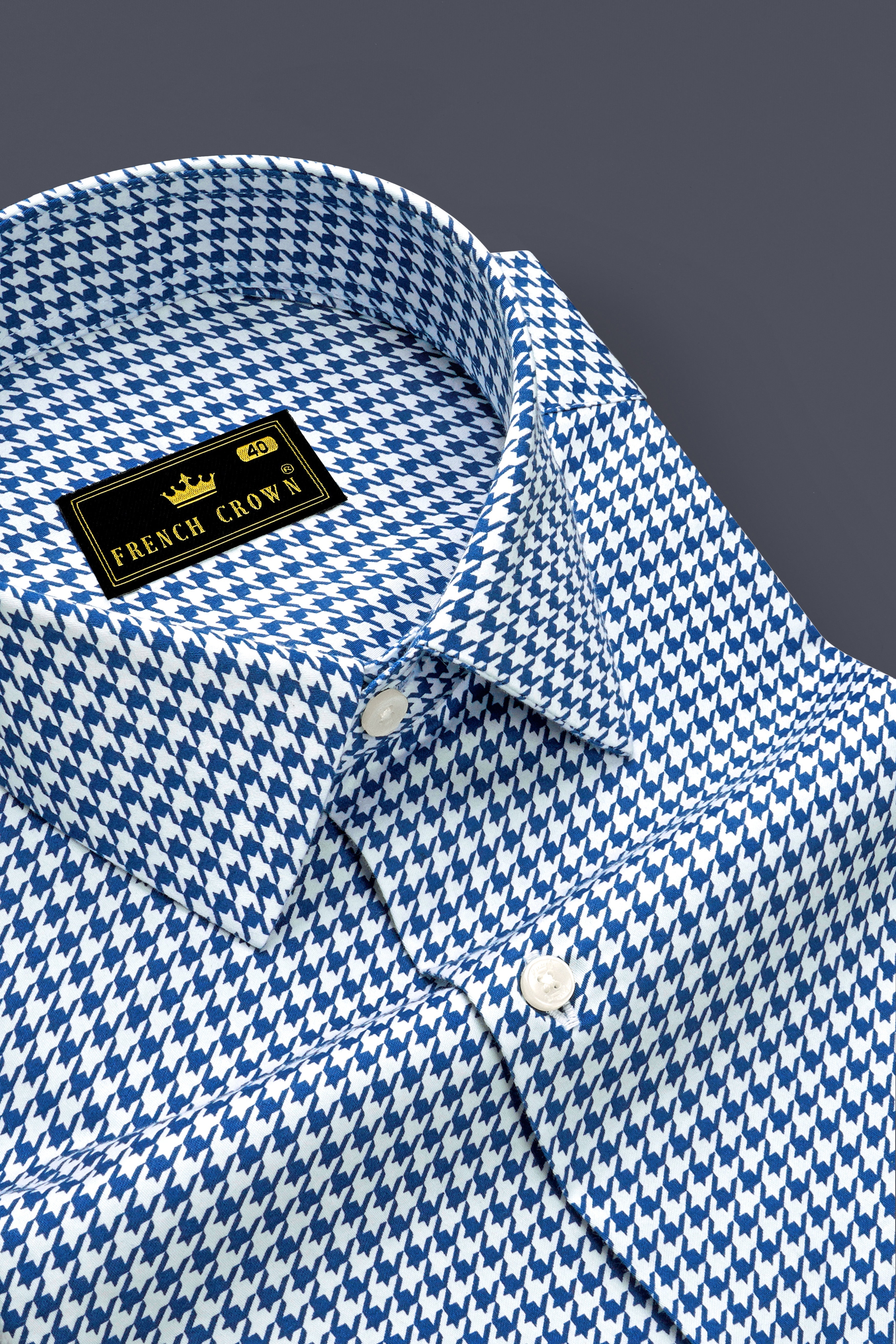 Creston-Lapis Blue And Bright White Houndstooth Printed Subtle Sheen Super Soft Premium Cotton Dress Shirt