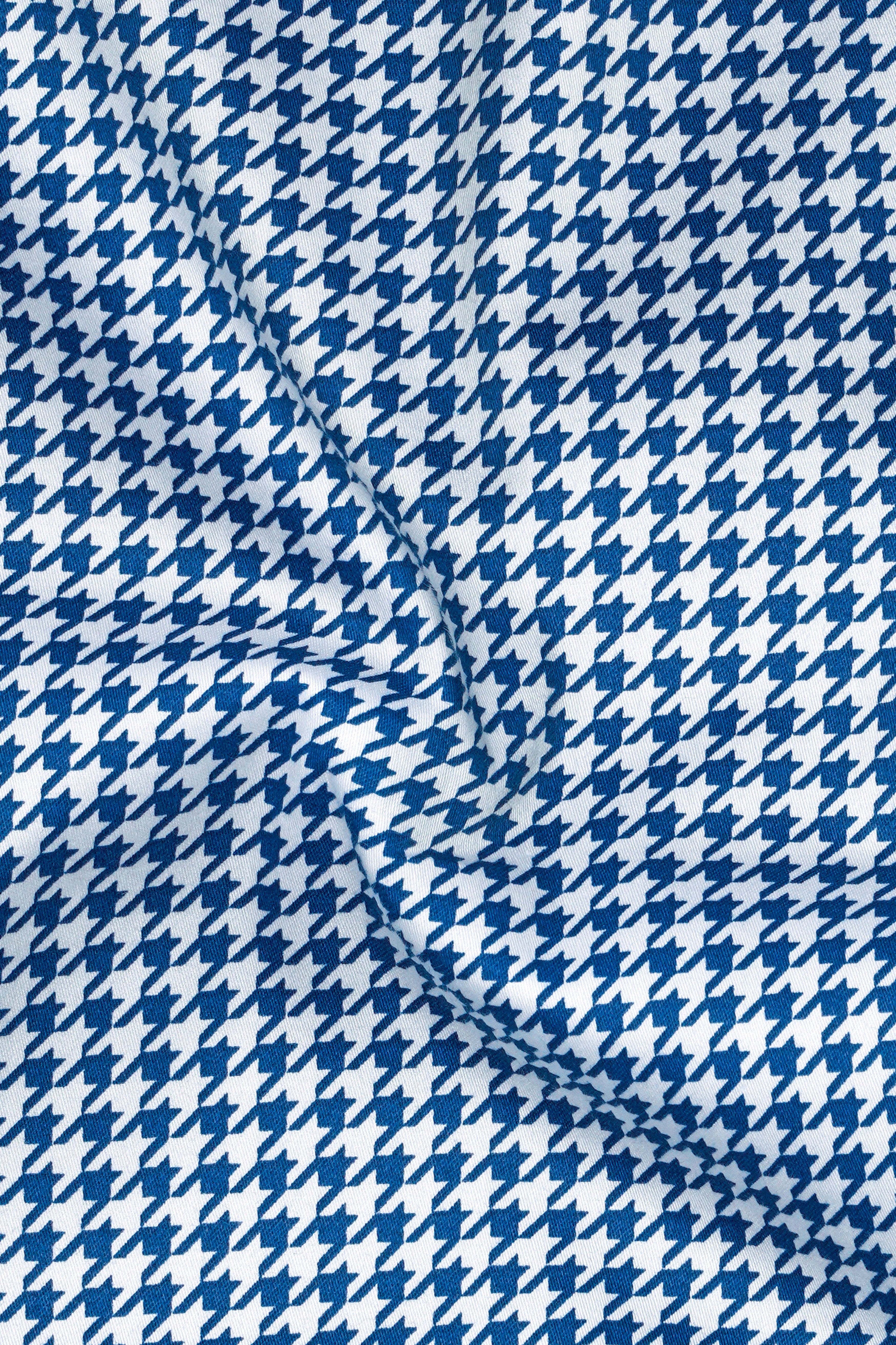 Creston-Lapis Blue And Bright White Houndstooth Printed Subtle Sheen Super Soft Premium Cotton Dress Shirt