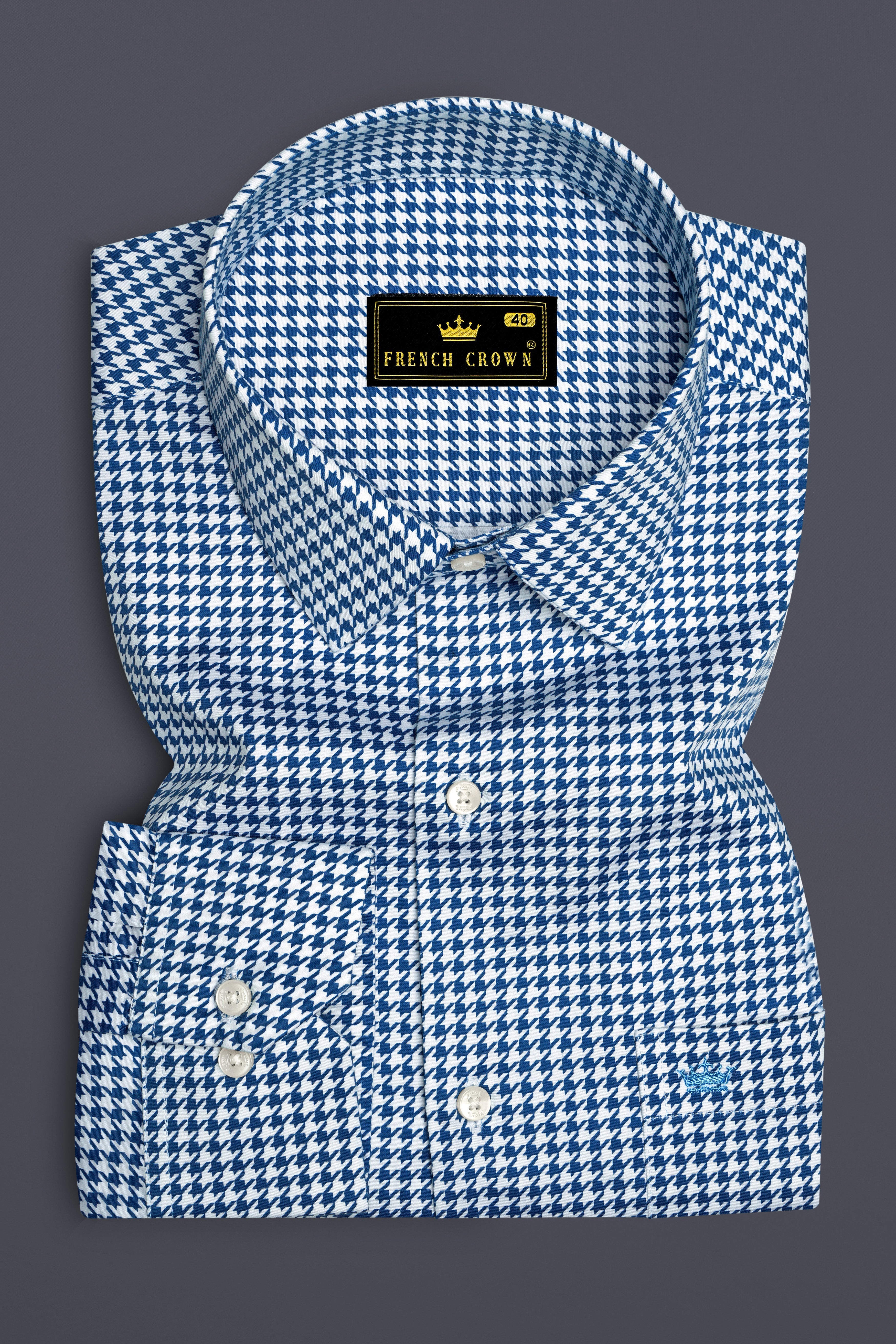 Creston-Lapis Blue And Bright White Houndstooth Printed Subtle Sheen Super Soft Premium Cotton Dress Shirt