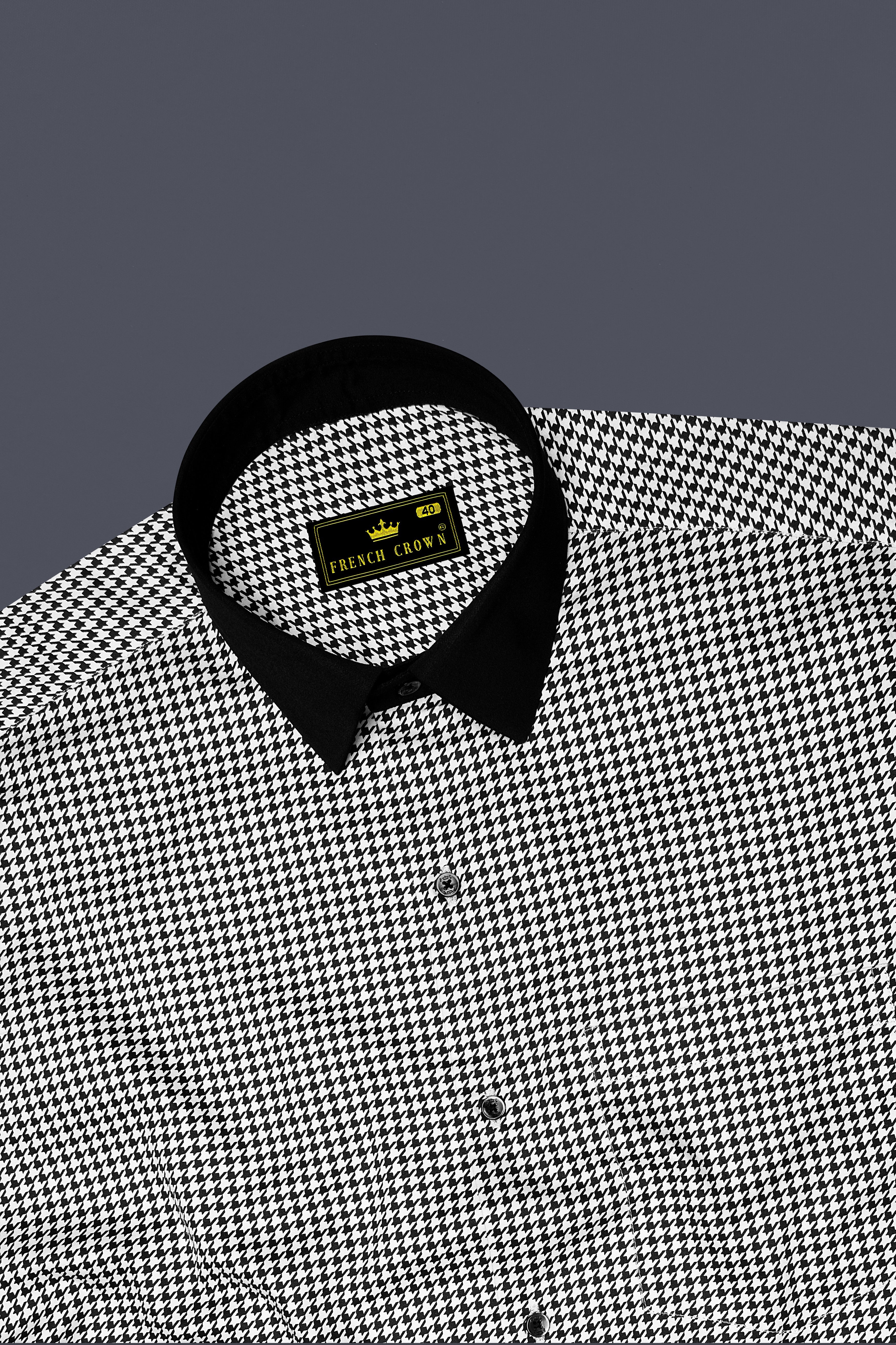 Regalis-Jade Black And Bright White Houndstooth Printed Super Soft Premium Cotton Dress Black Cuff Collar Shirt