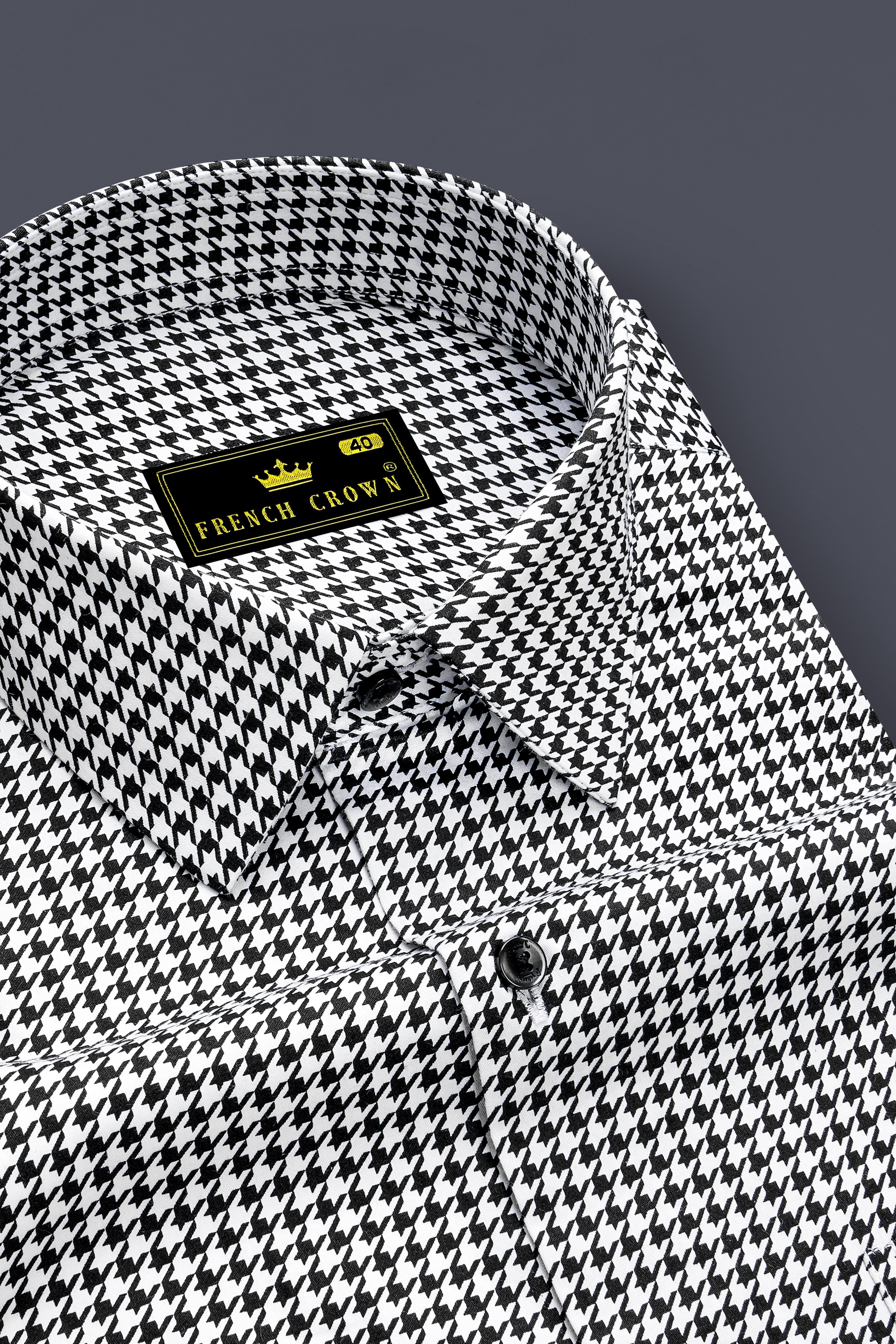 Regalis-Jade Black And Bright White Houndstooth Printed Subtle Sheen Super Soft Premium Cotton Dress Shirt