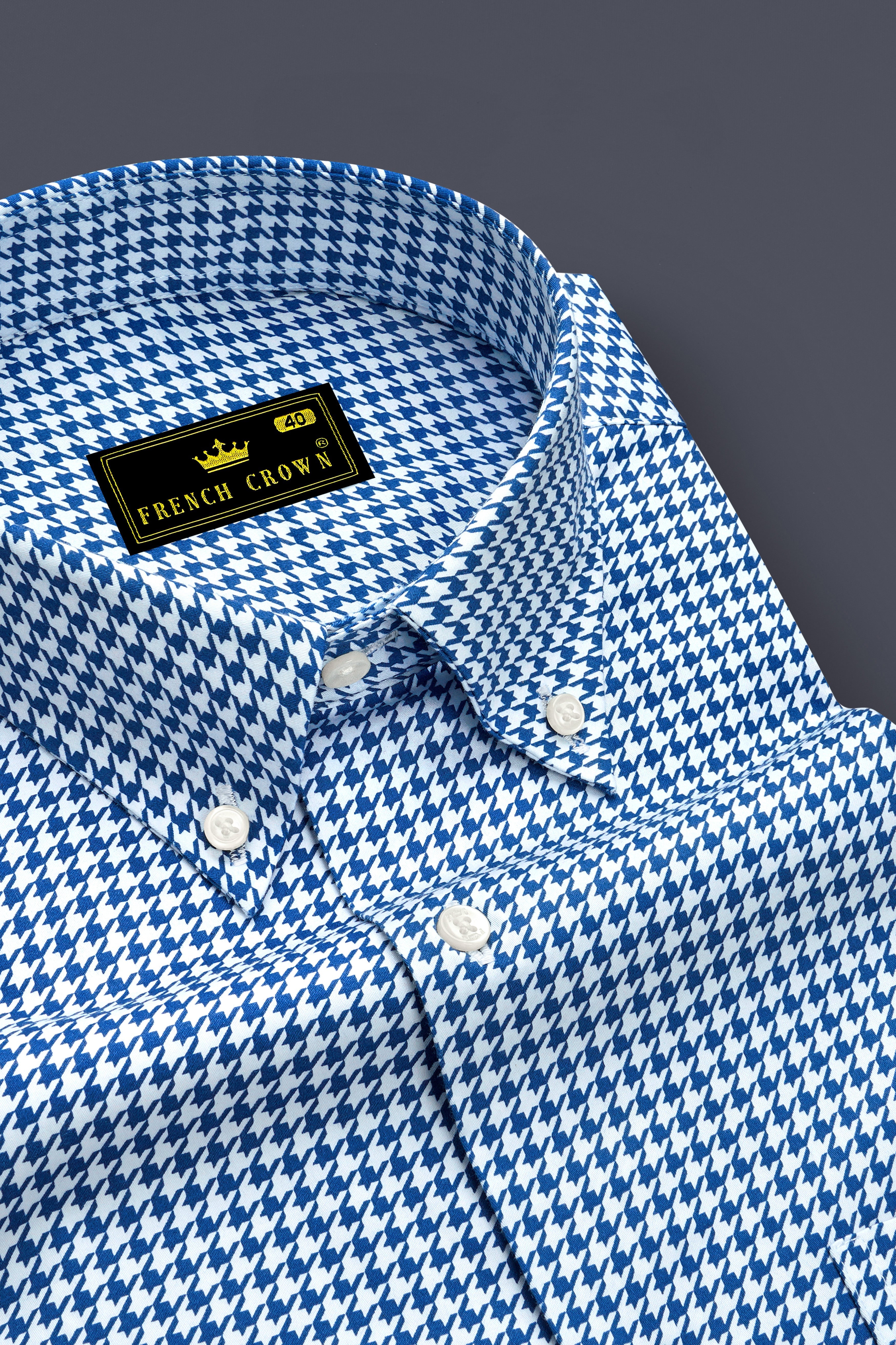 Creston-Lapis Blue And Bright White Houndstooth Printed Super Soft Premium Cotton Button Down Dress Shirt