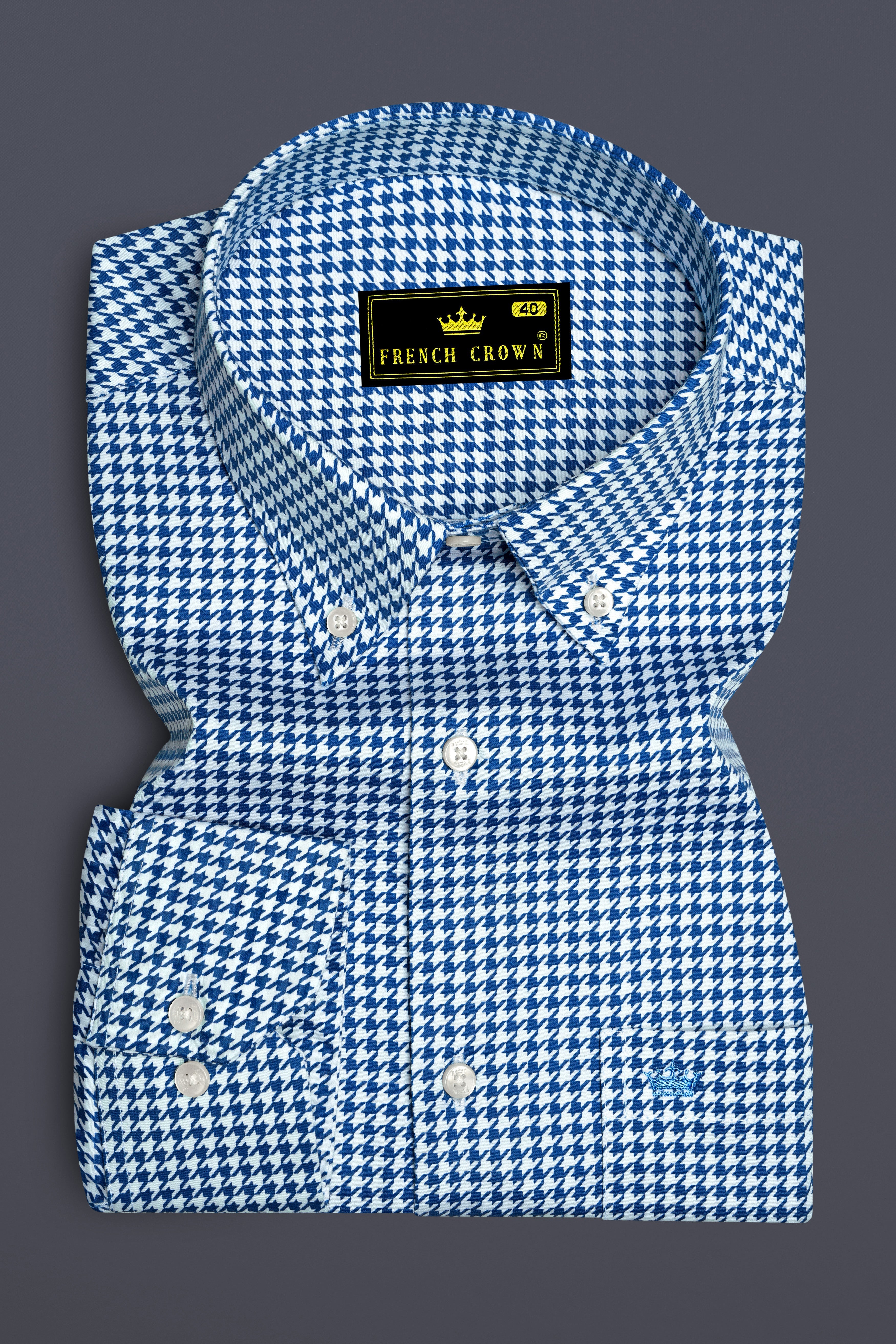 Creston-Lapis Blue And Bright White Houndstooth Printed Super Soft Premium Cotton Button Down Dress Shirt
