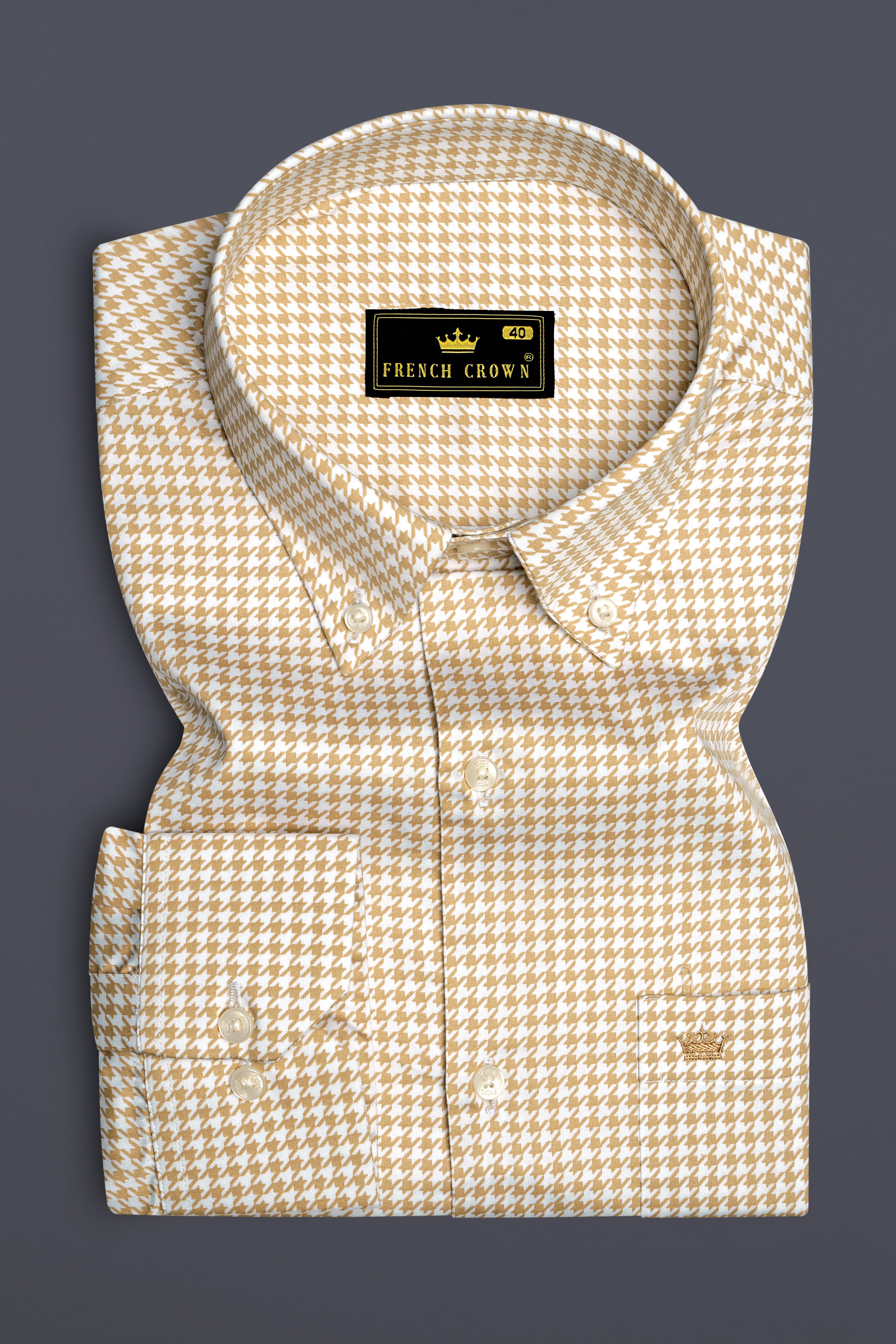 Rustiq-Barley Brown And Bright White Houndstooth Printed Super Soft Premium Cotton Button Down Dress Shirt