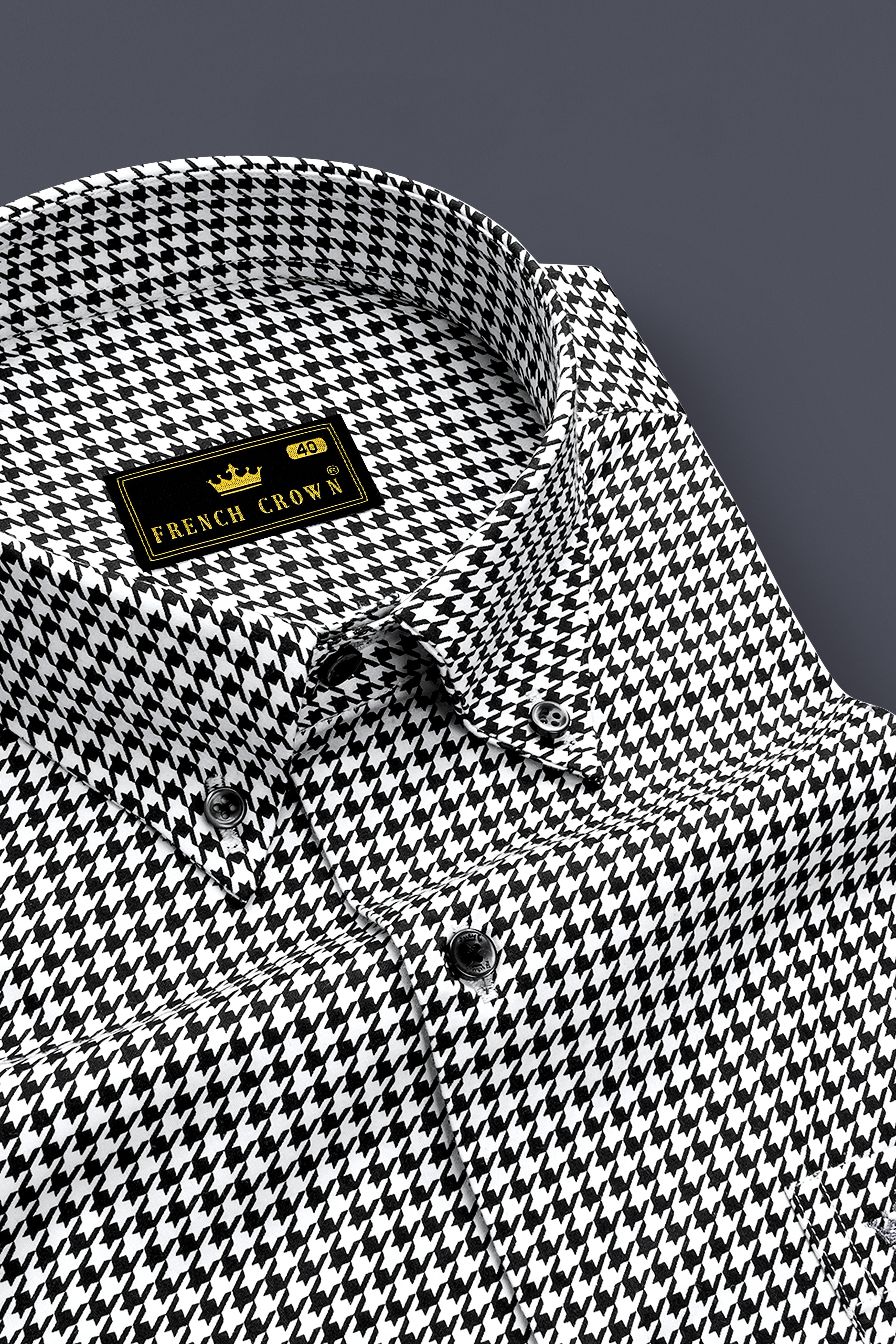 Regalis-Jade Black And Bright White Houndstooth Printed Super Soft Premium Cotton Dress Button Down Shirt