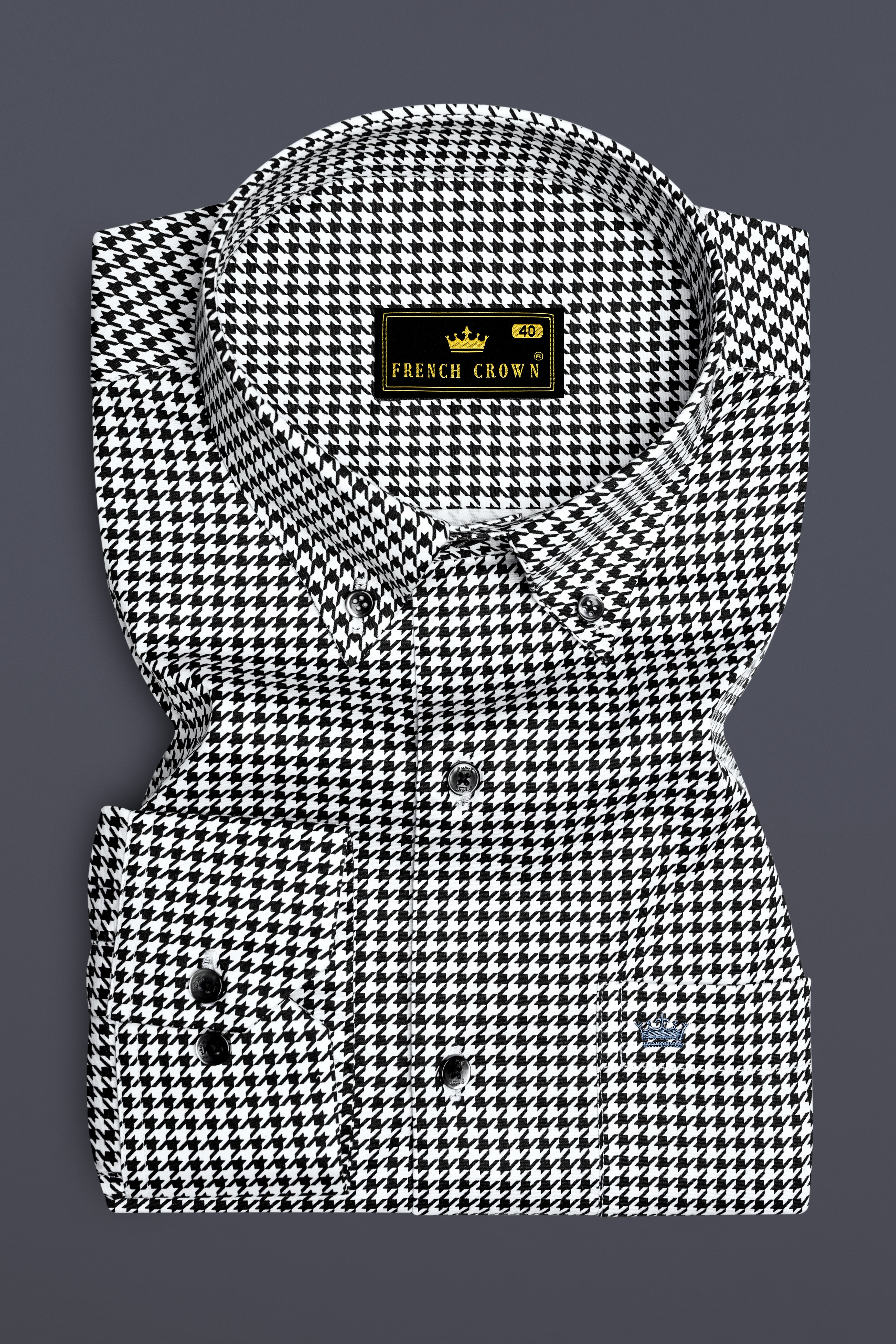 Regalis-Jade Black And Bright White Houndstooth Printed Super Soft Premium Cotton Dress Button Down Shirt