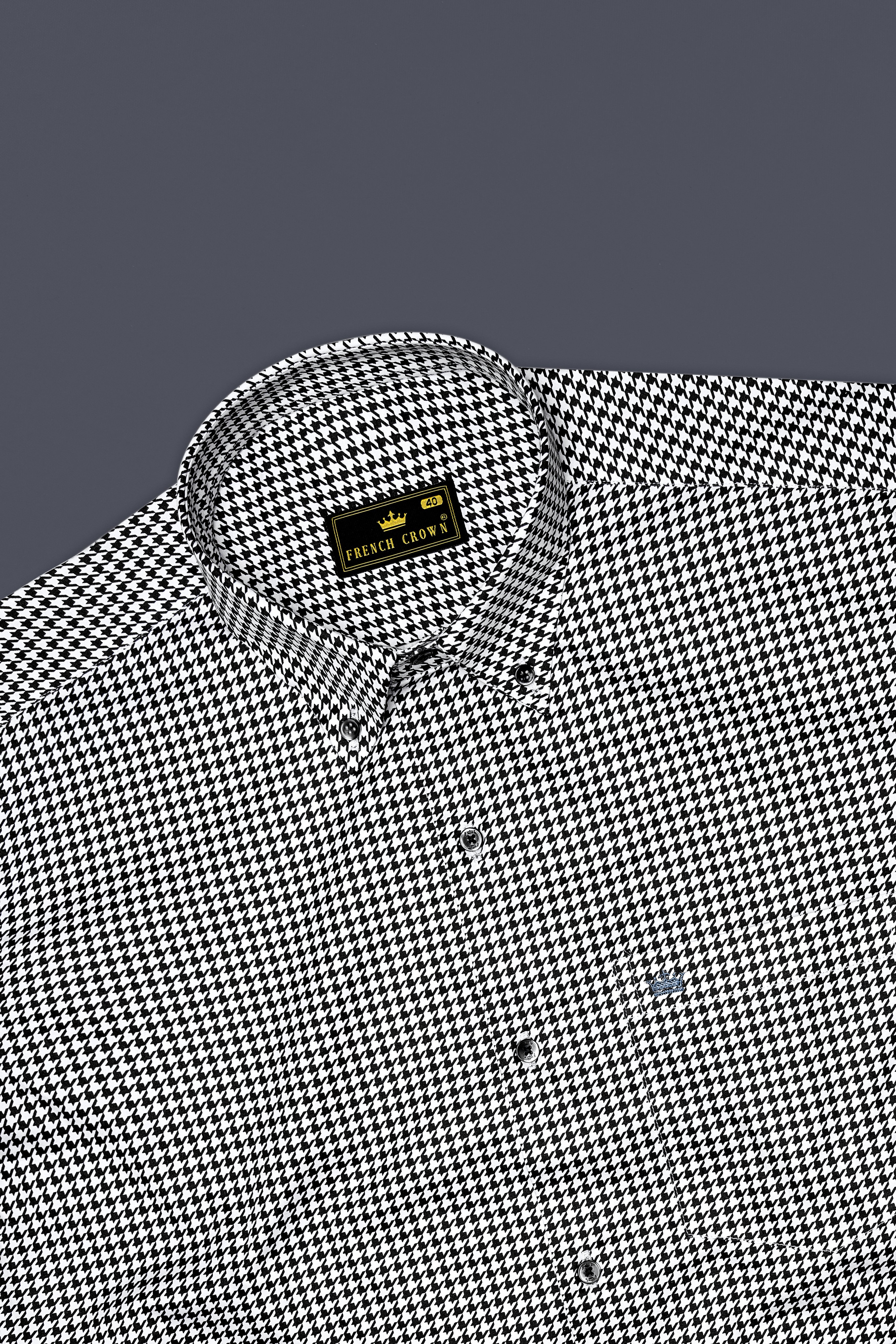 Regalis-Jade Black And Bright White Houndstooth Printed Super Soft Premium Cotton Dress Button Down Shirt