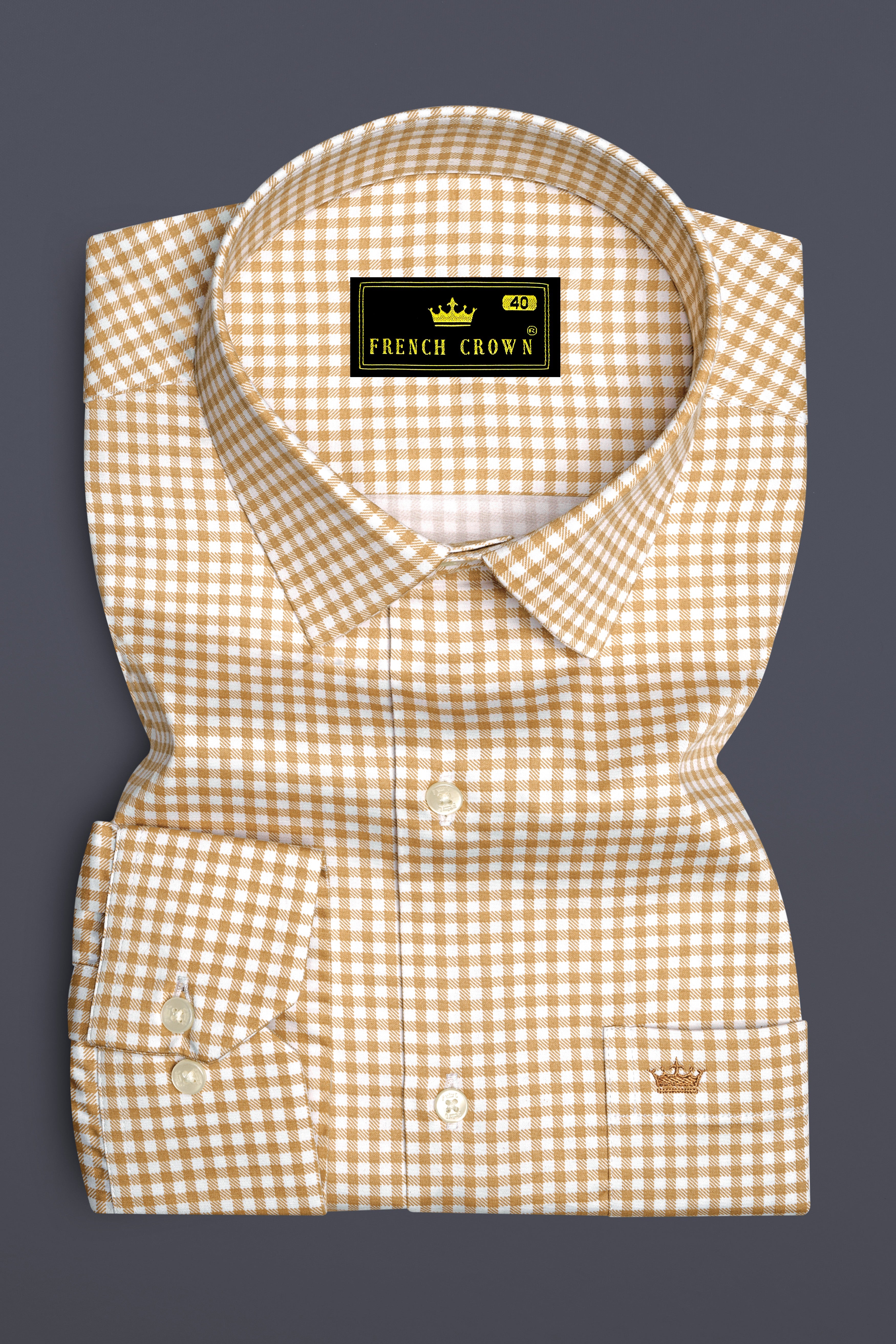 Rustiq-Barley Brown And Bright White Gingham Plaid Subtle Sheen Super Soft Premium Cotton Dress Shirt