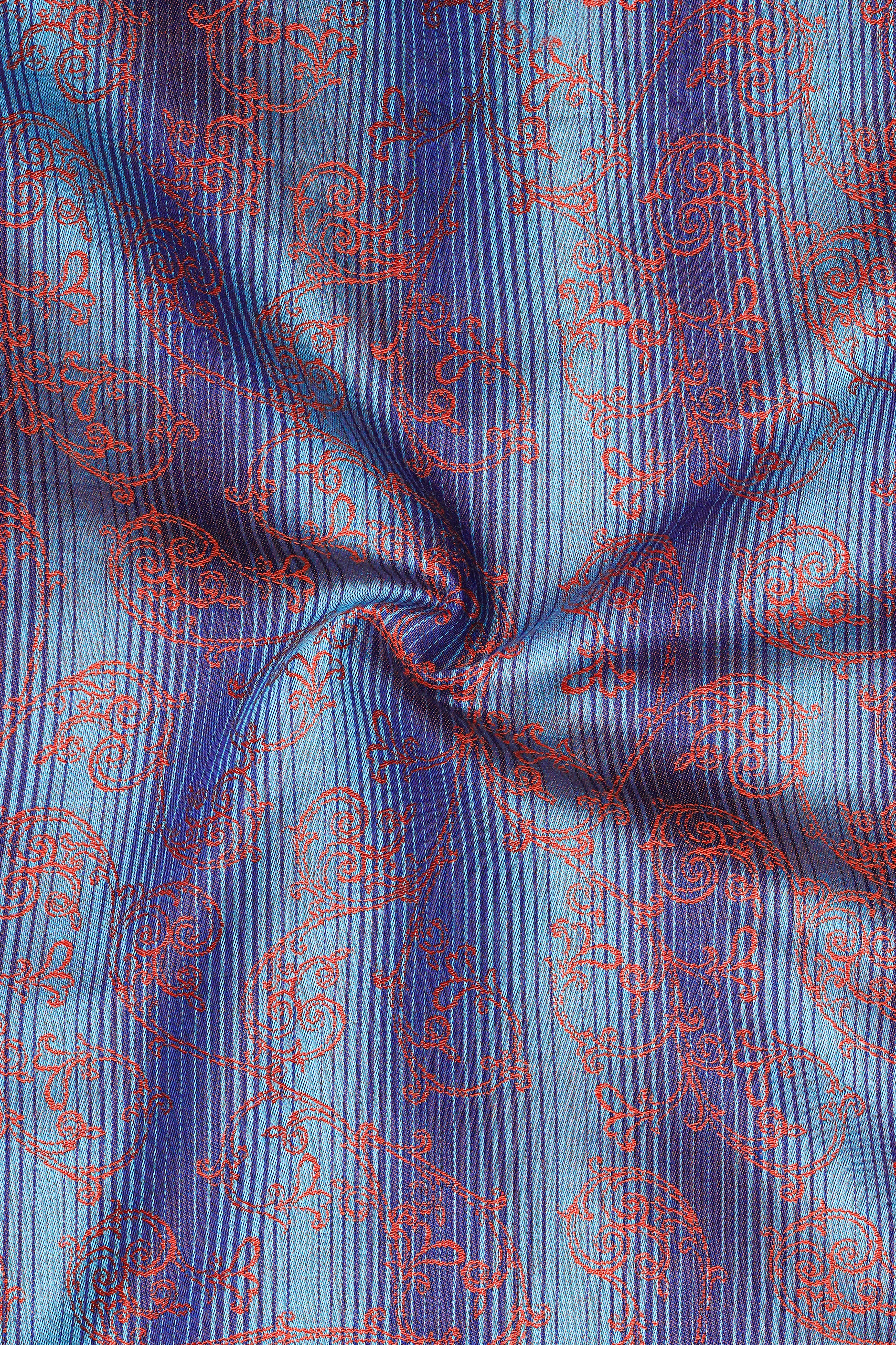 Botanoro-Cornflower Blue And Sandy Orange Floral Vine Jacquard Textured Premium Cotton Semi Formal Shirt