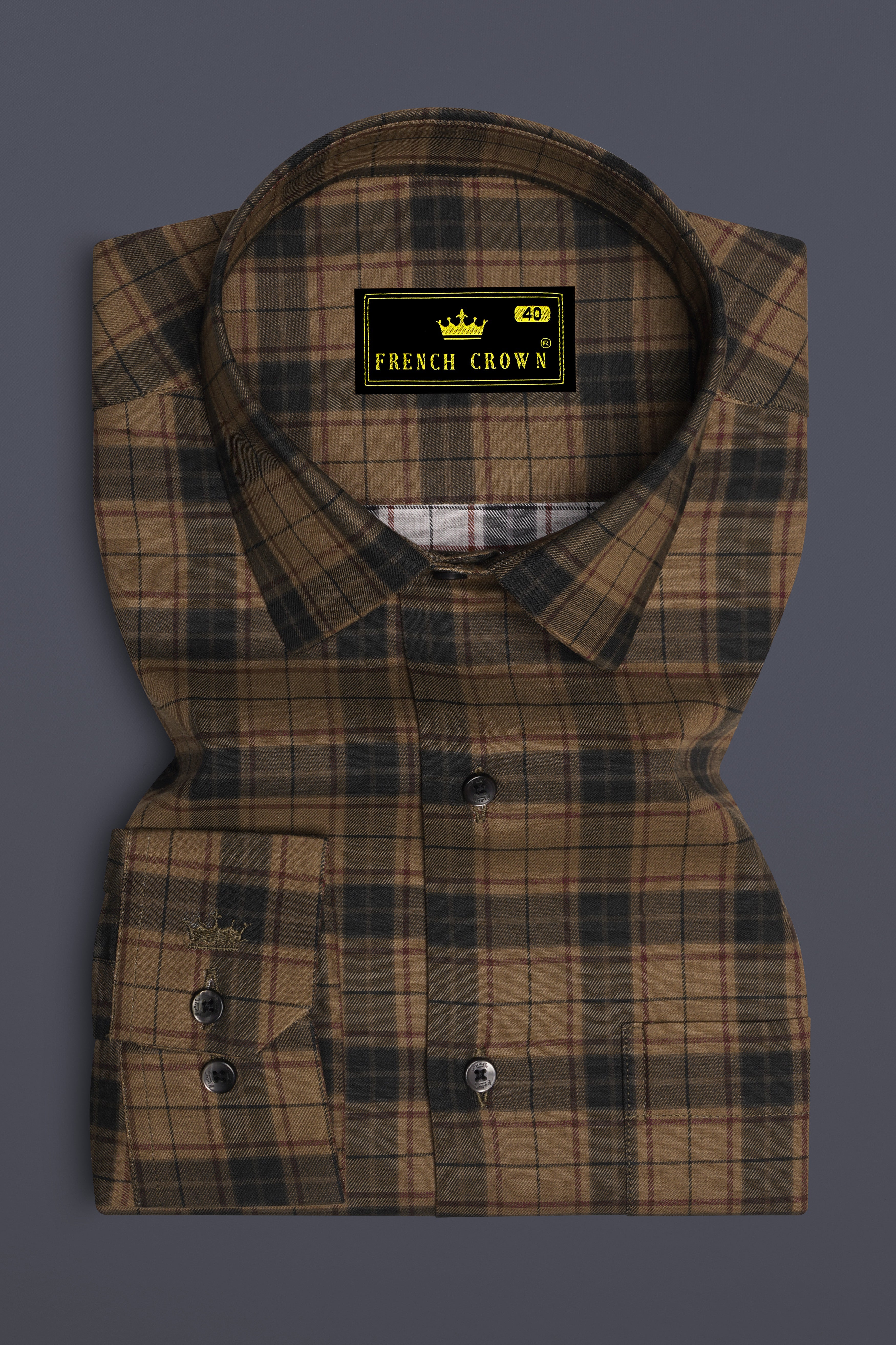 Noctaro-Saddle Brown And Rangoon Black Plaid Twill Premium Cotton Casual Shirt