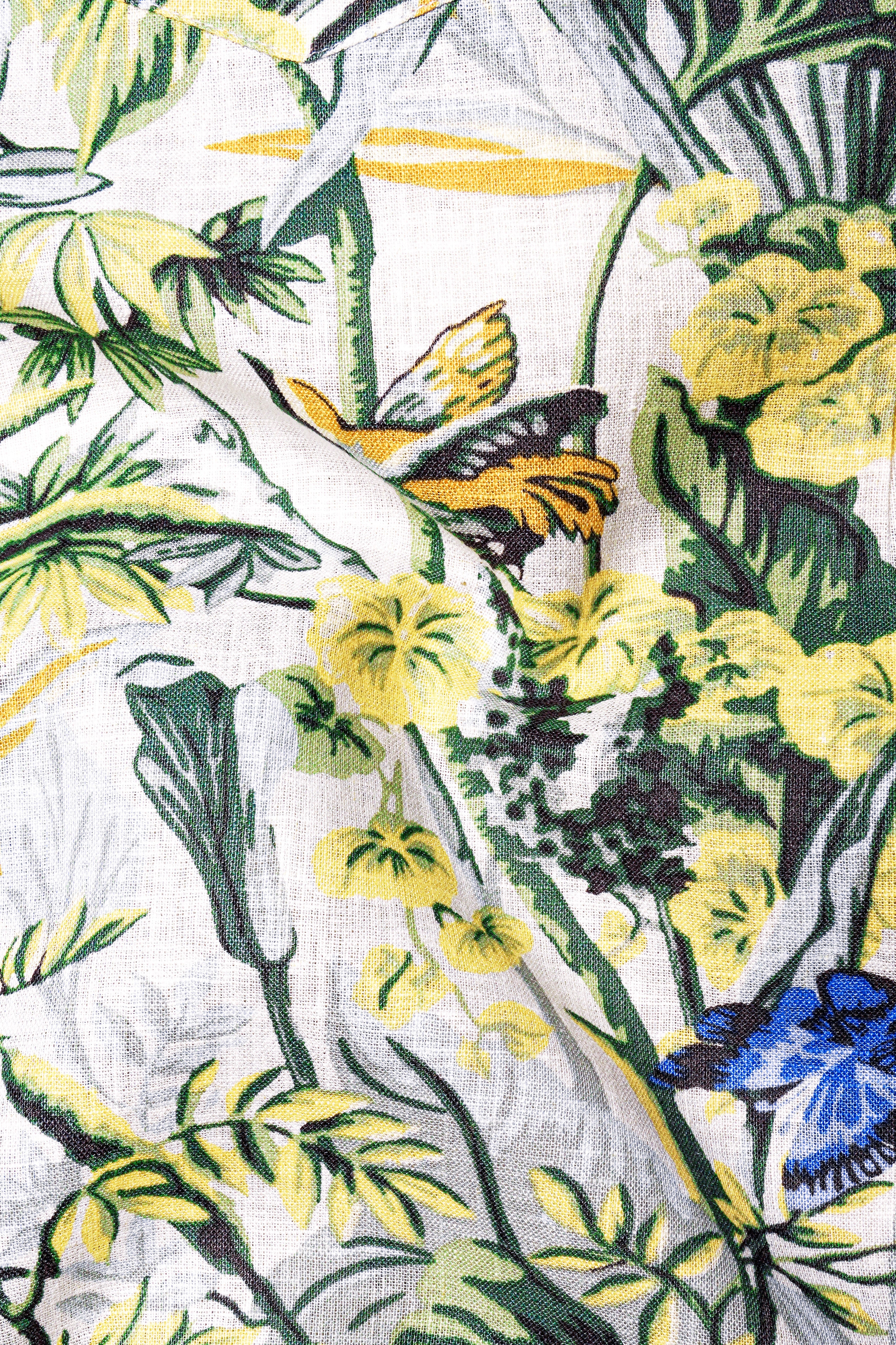 Palmoro-Forest Green And Havelock Blue Tropical Floral Printed Luxurious Linen Casual Kurta Shirt