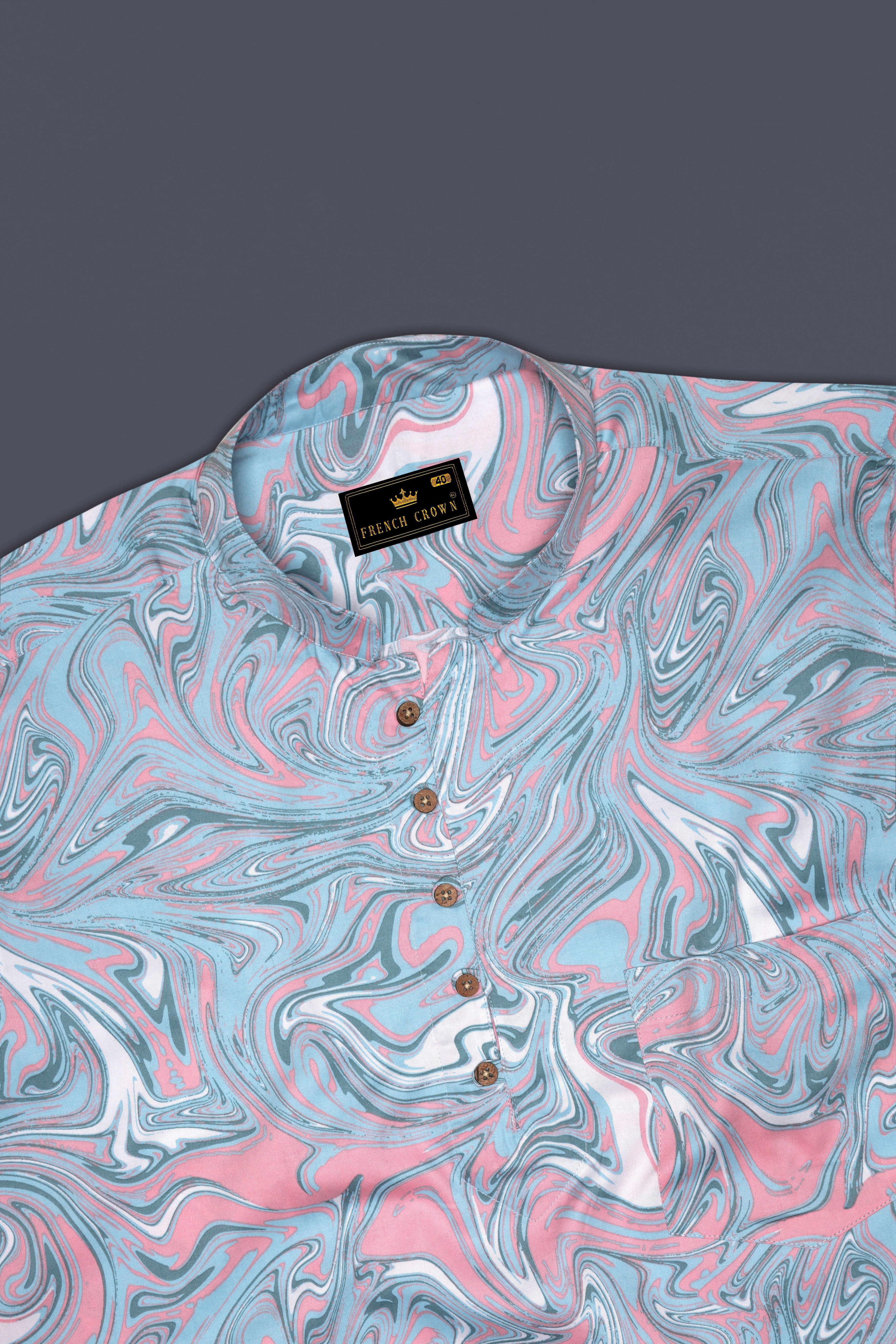 Swiroro-Horizon Blue And Blossom Pink Marble Swirl Printed Subtle Sheen Super Soft Premium Cotton Casual Kurta Shirt