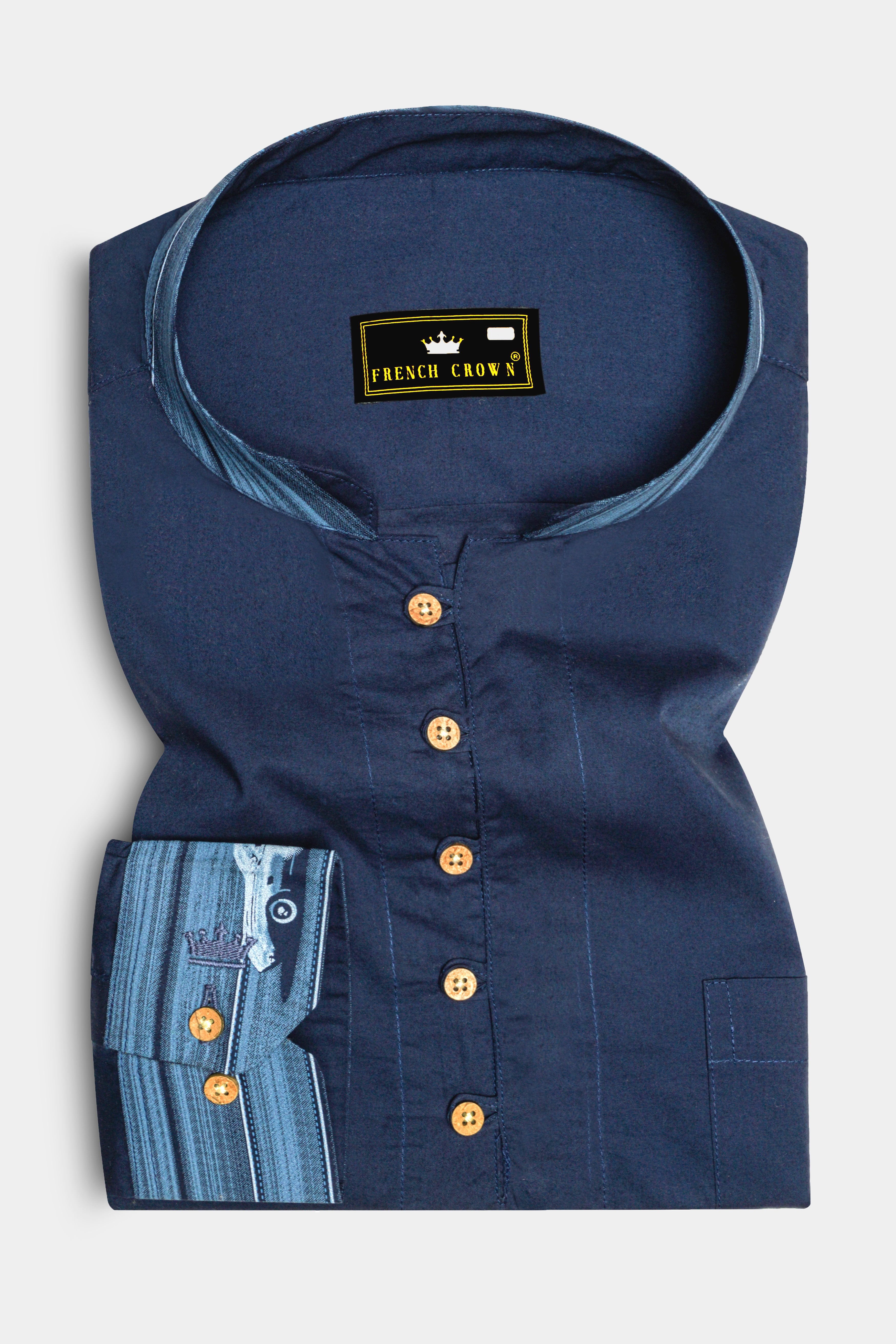 Aurenav-Navy Blue Plain Solid Premium Cotton Indian Kurta Style