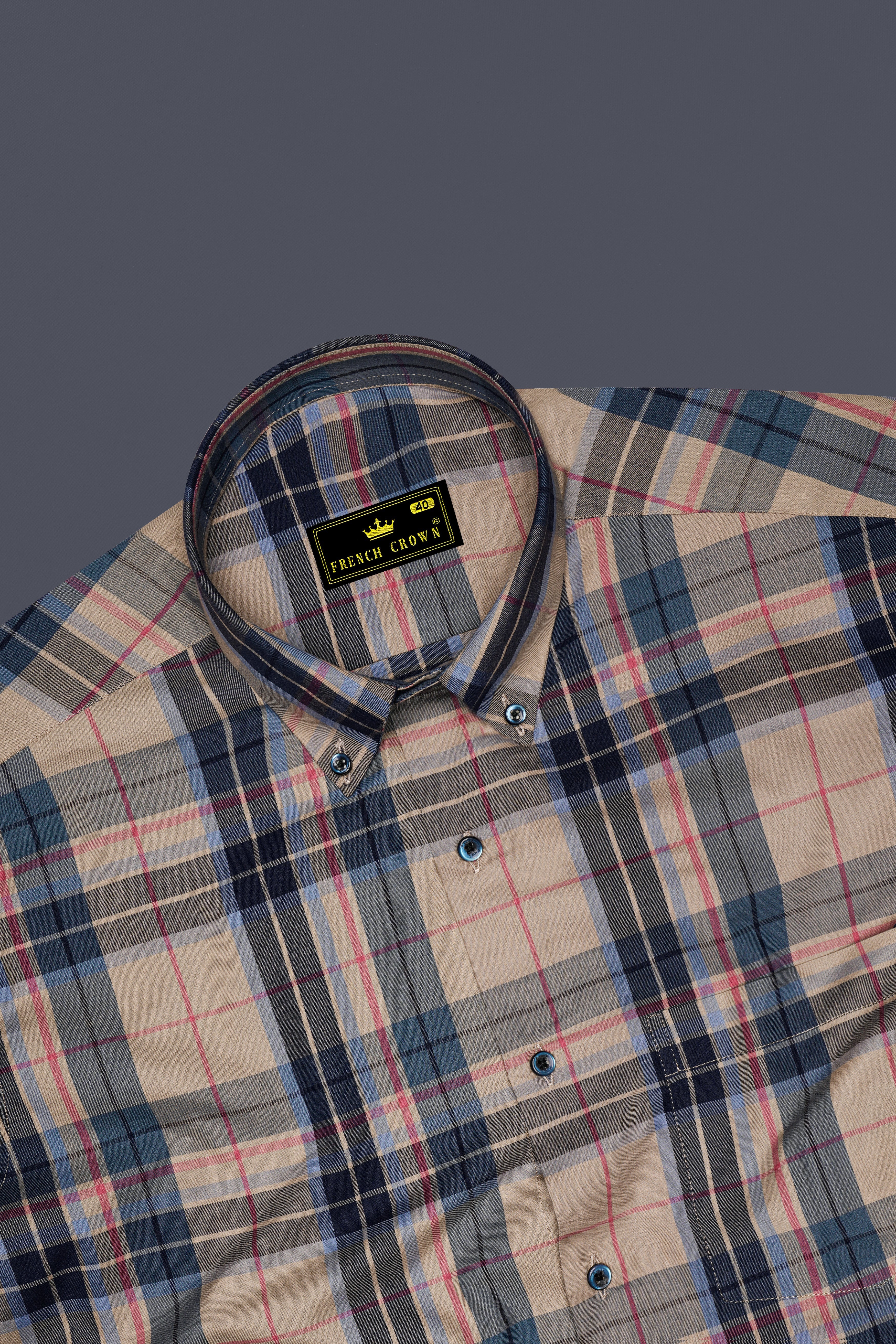 Opulor-Midnight Blue And Sandrift Cream Plaid Twill Premium Cotton Semi Formal Shirt