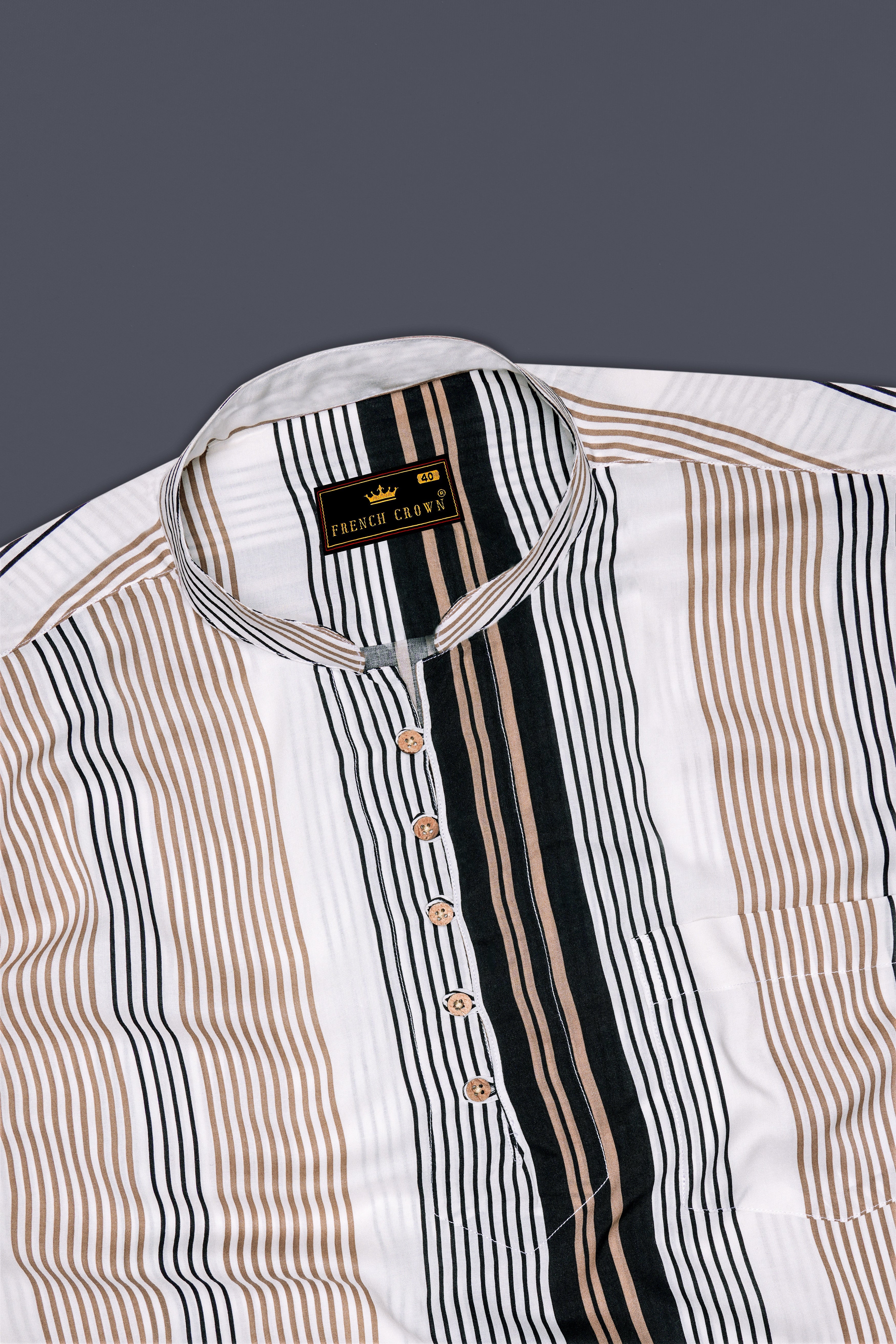 Noctalm-Almond Brown And Jade Black Striped Super Soft Tencel Casual Kurta Shirt