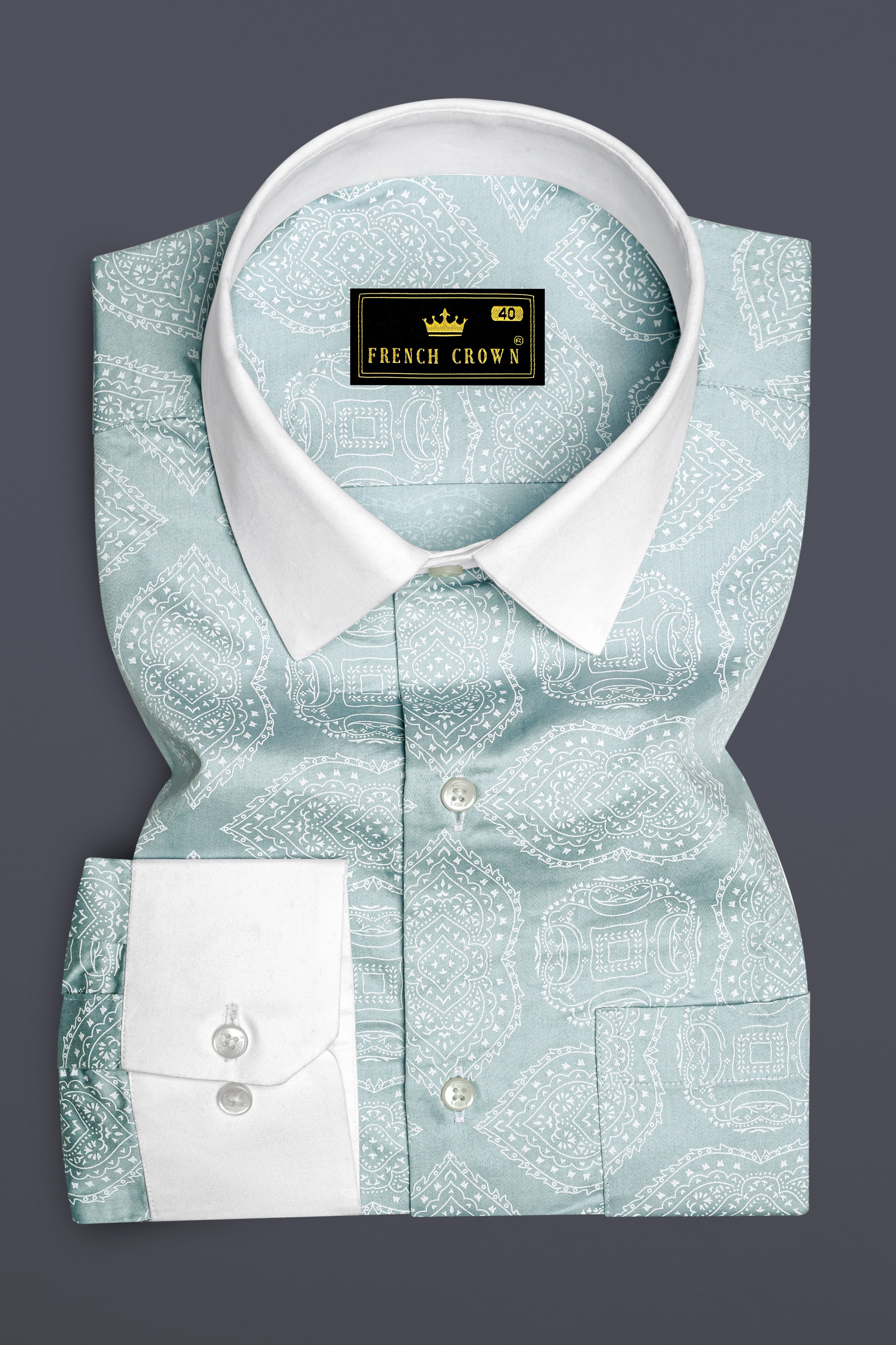 Celavon Pale Aqua Green And Bright White medallion Printed Super Soft Premium Cotton Semi Formal Shirt