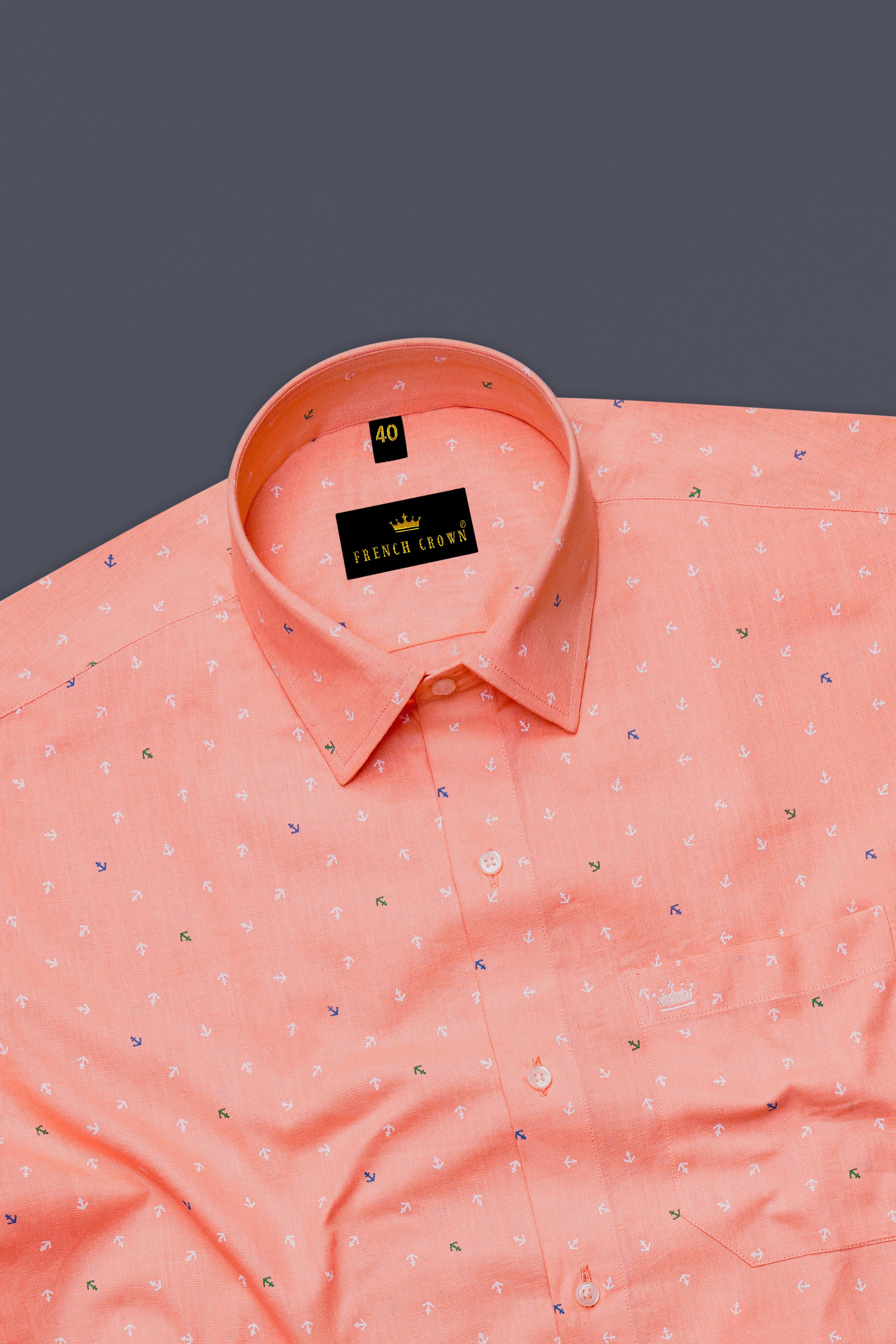 Marivon Tumbleweed Peach Printed Anchor Printed Luxurious Linen Dress Shirt
