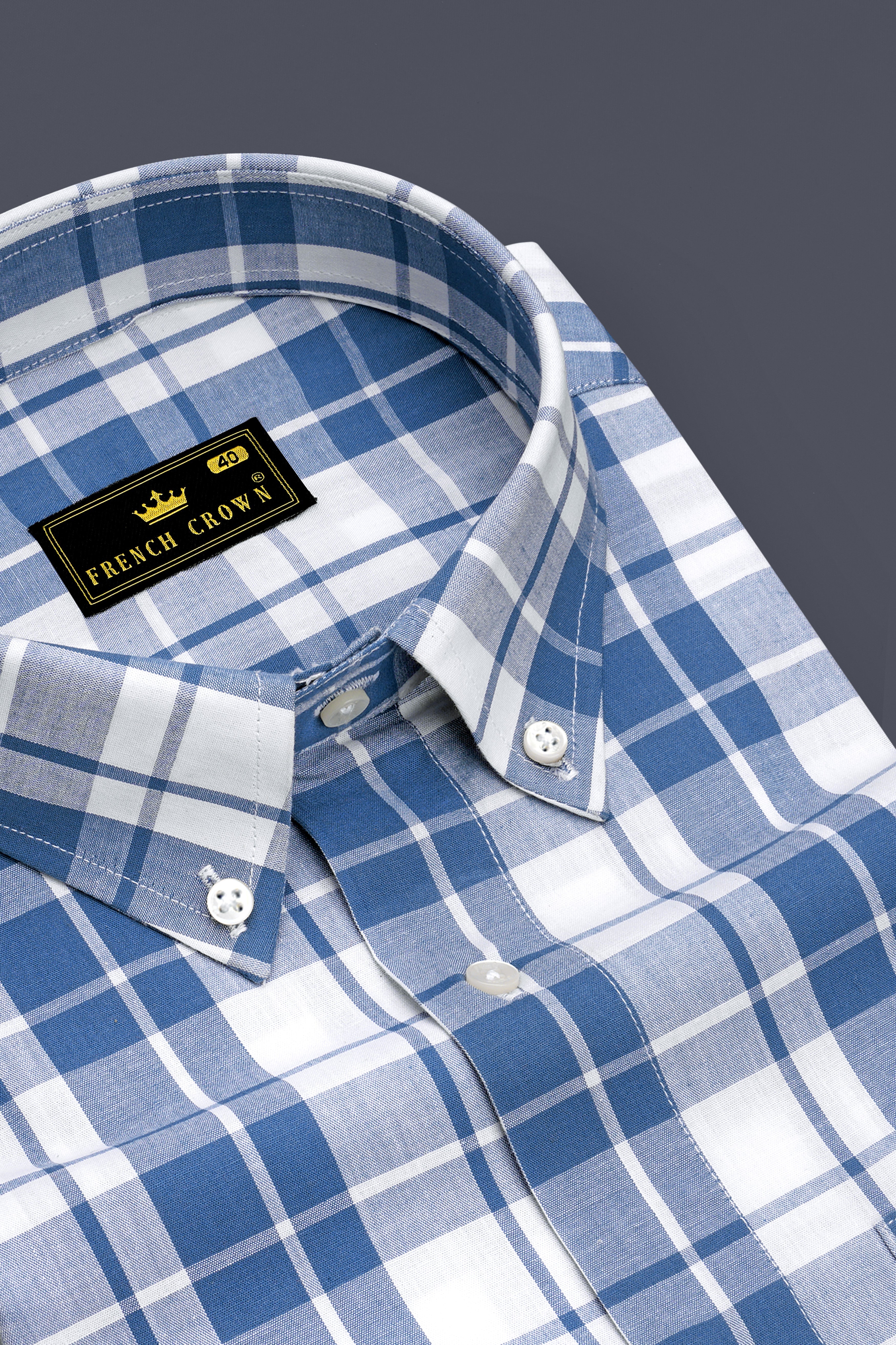 Azurino Chambray Blue And Bright White Plaid Chambray Premium Cotton Casual Shirt