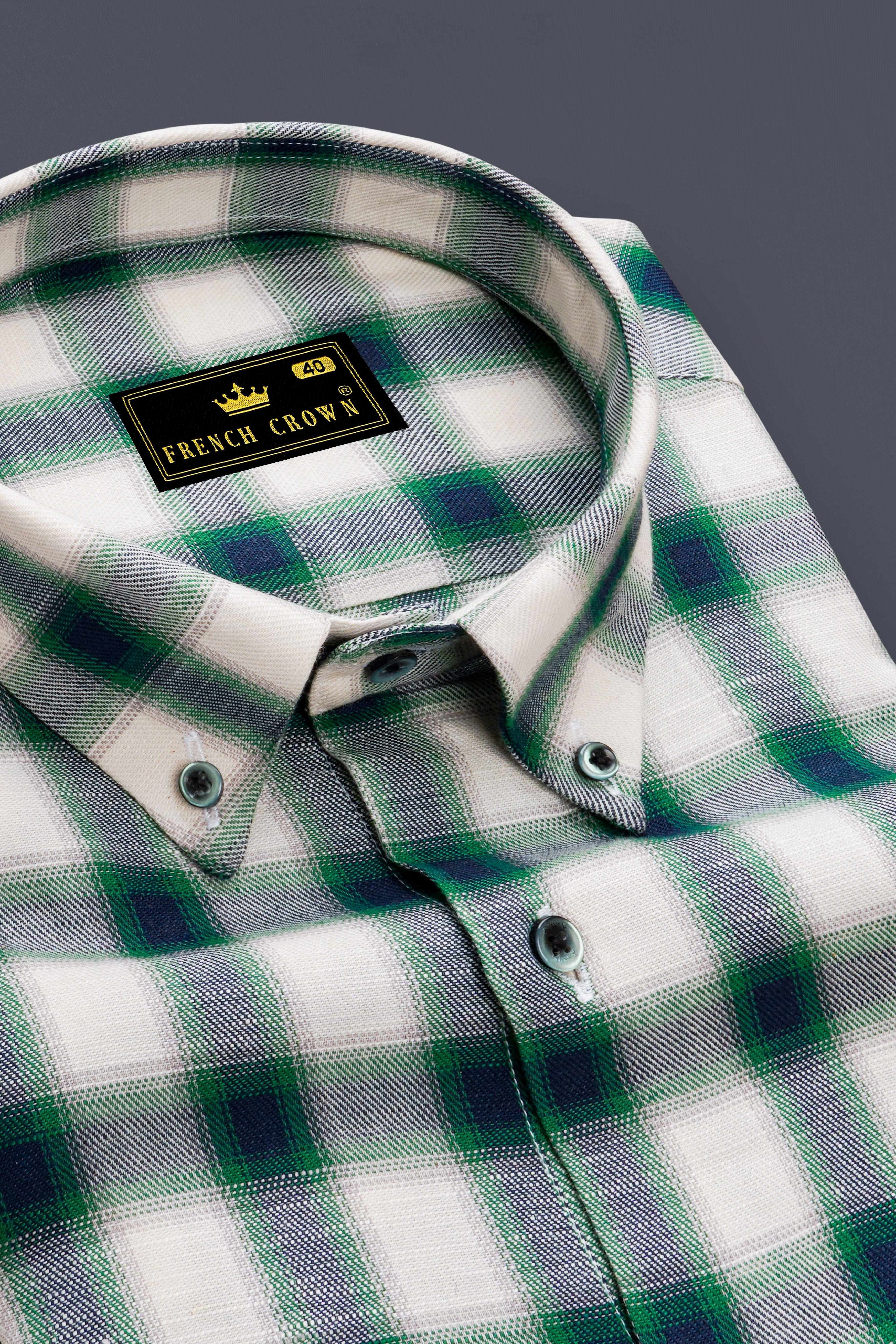 Aureglace Pariglacial Cream And Firefly Green Plaid Twill Premium Cotton Casual Shirt