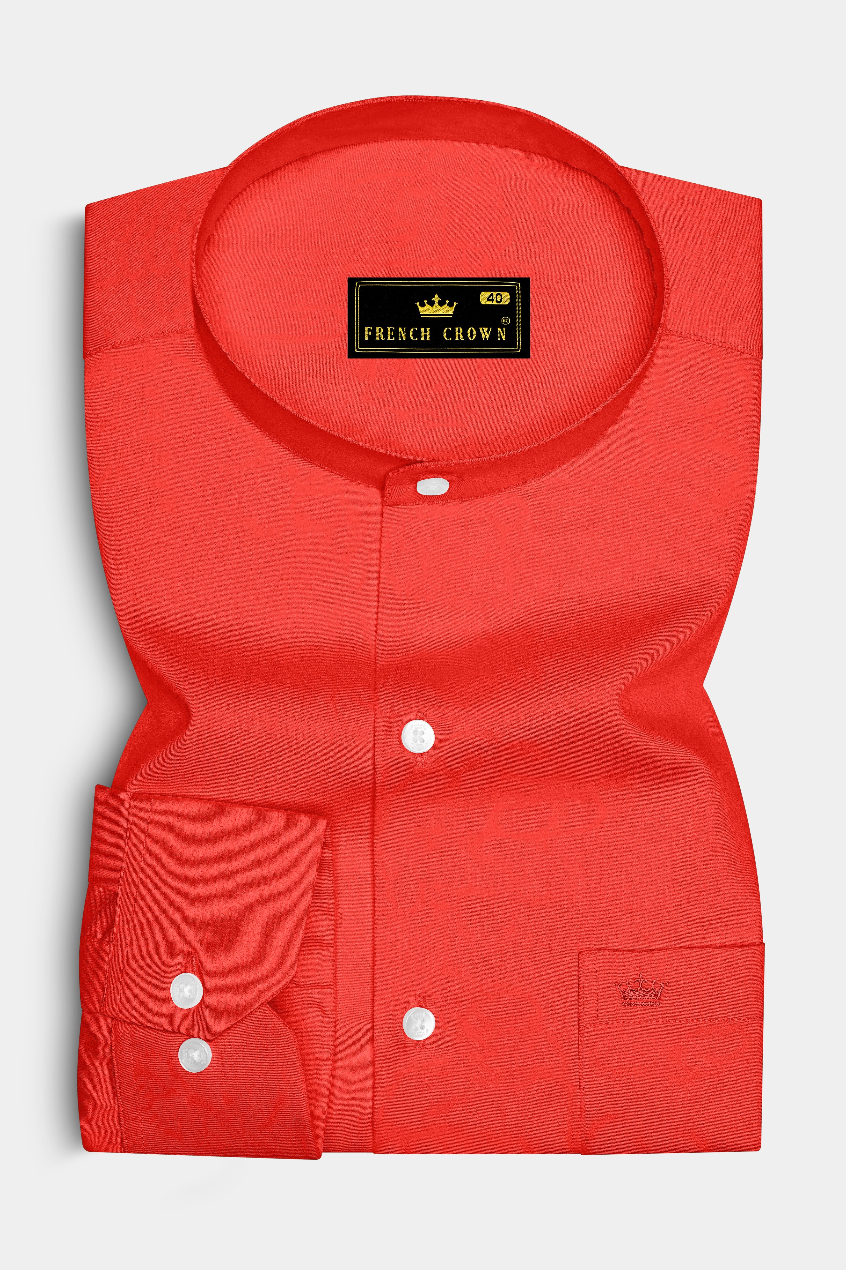 Mandoro-Coral Orange Subtle Sheen Super Soft Premium Cotton Mandarin Dress Shirt