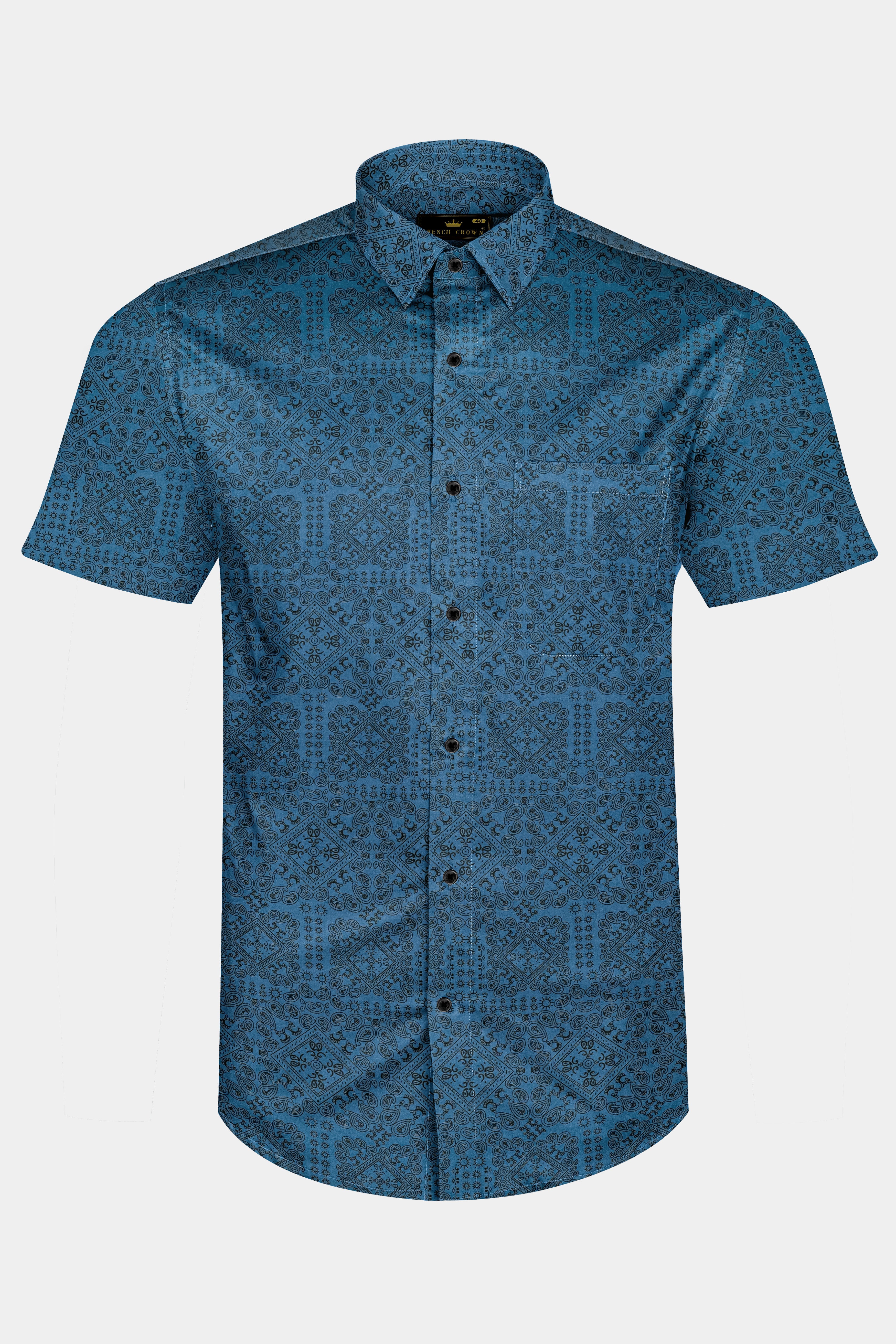 Azuron-Metallic Blue And Jade Black Paisley Printed Super Soft Premium Giza Cotton Casual Shirt
