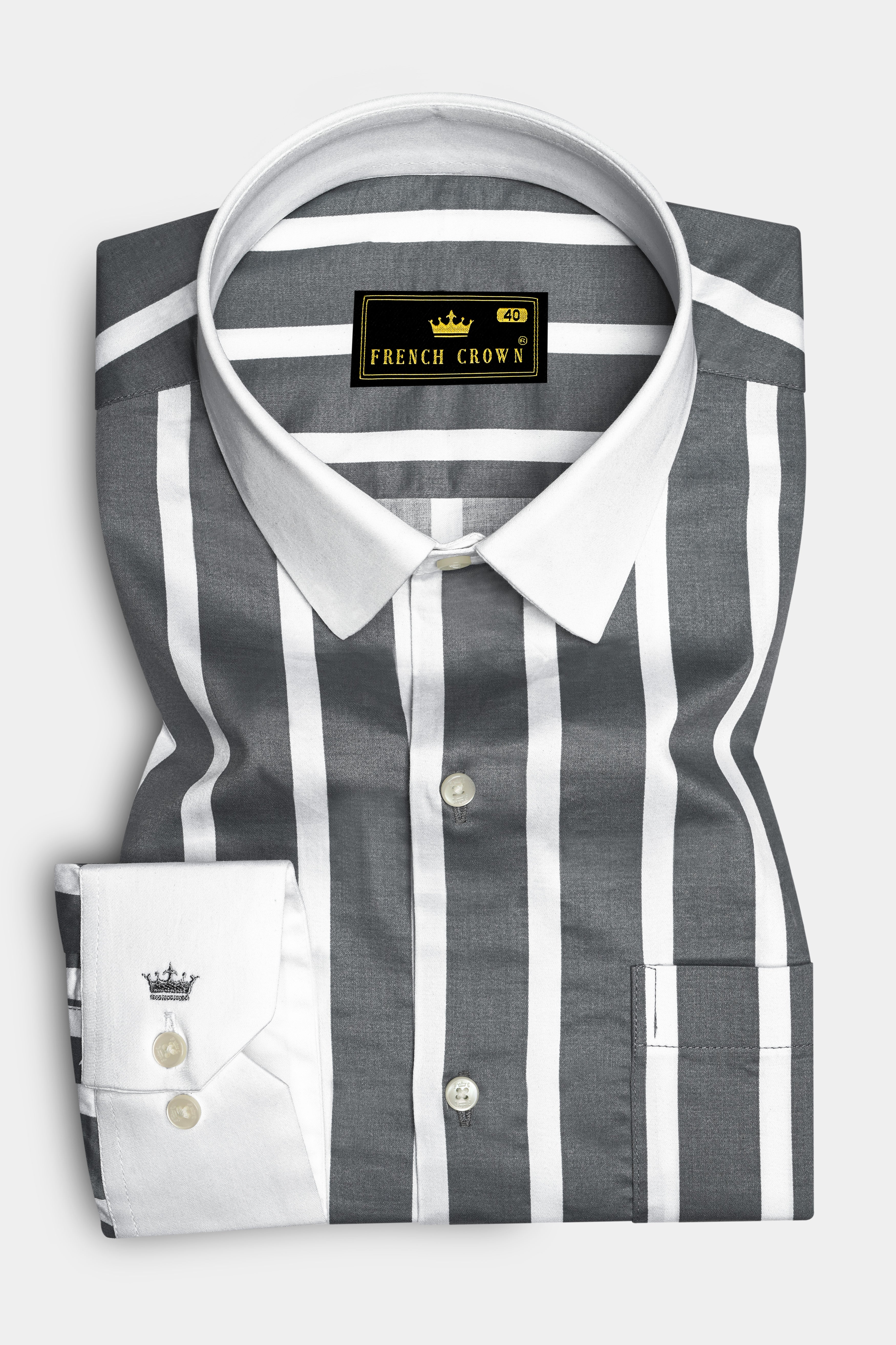 Nordoro-Oslo Gray And Bright White Awning Striped Super Soft Premium Cotton Dress White Cuff Collar Shirt