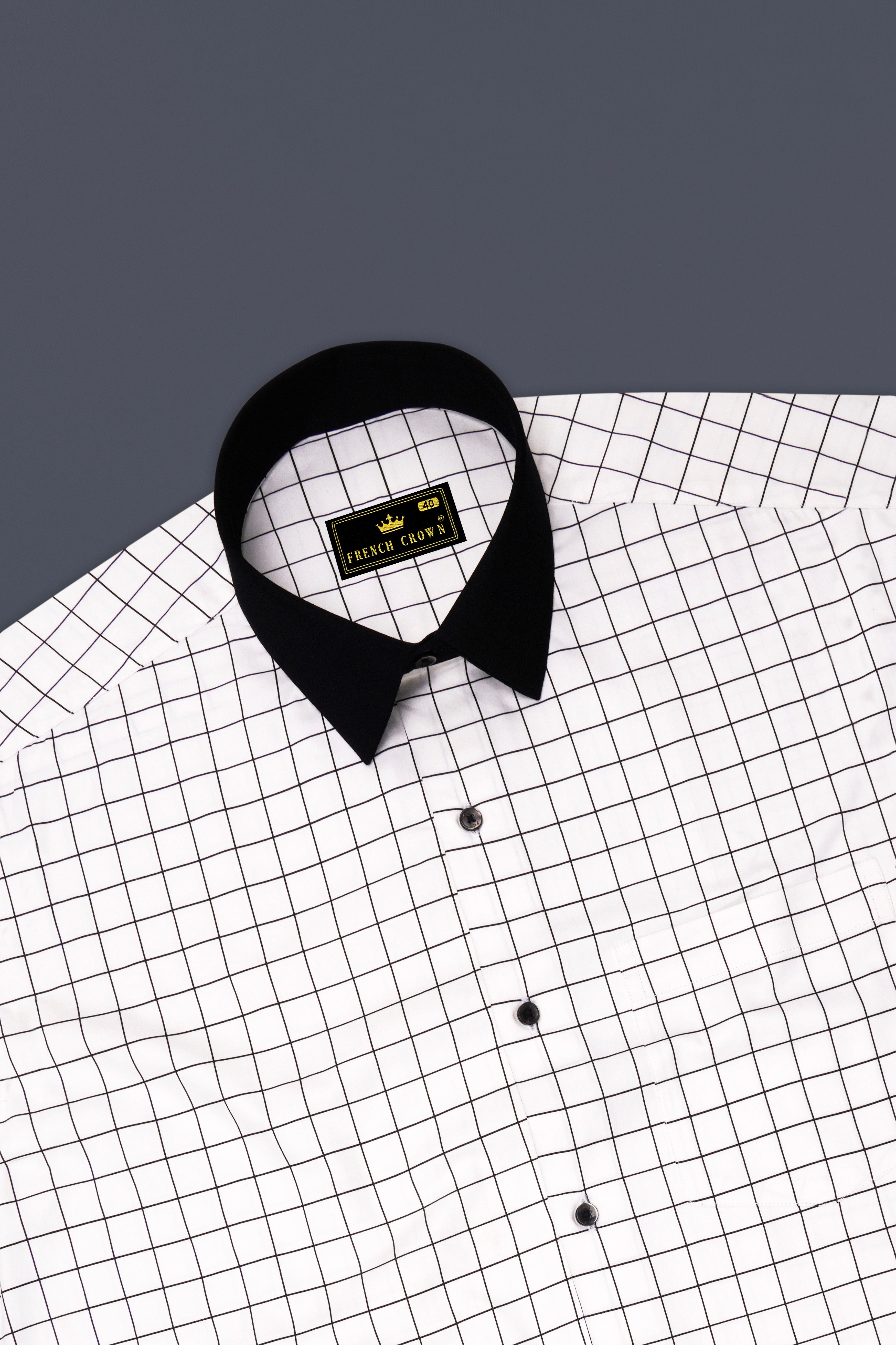 Panoro-Bright White And Jade Black Windowpane Subtle Sheen Super Soft Premium Cotton Dress Black Cuff Collar Shirt