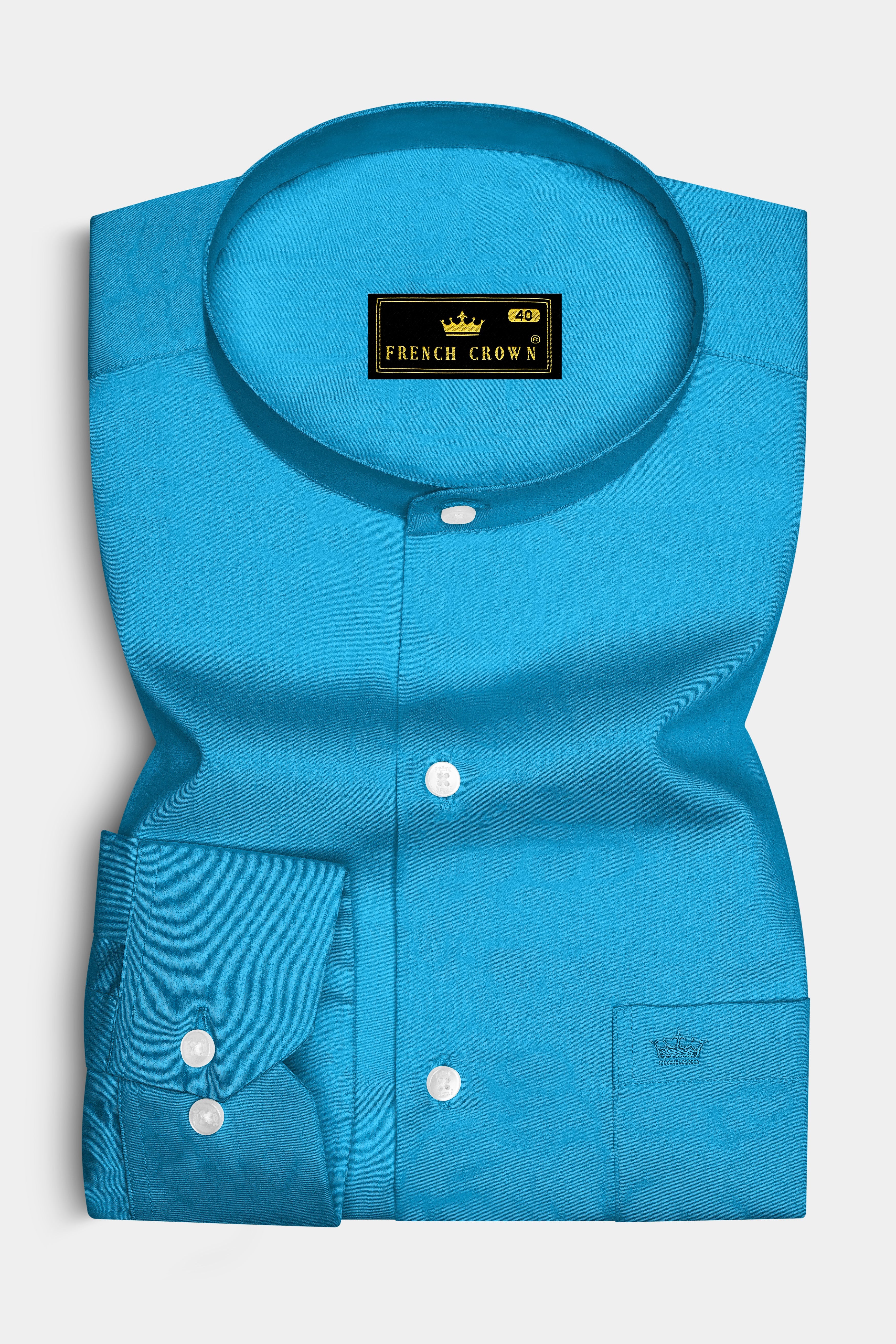 Azurique-Curious Blue Subtle Sheen Super Soft Premium Cotton Mandarin Dress Shirt