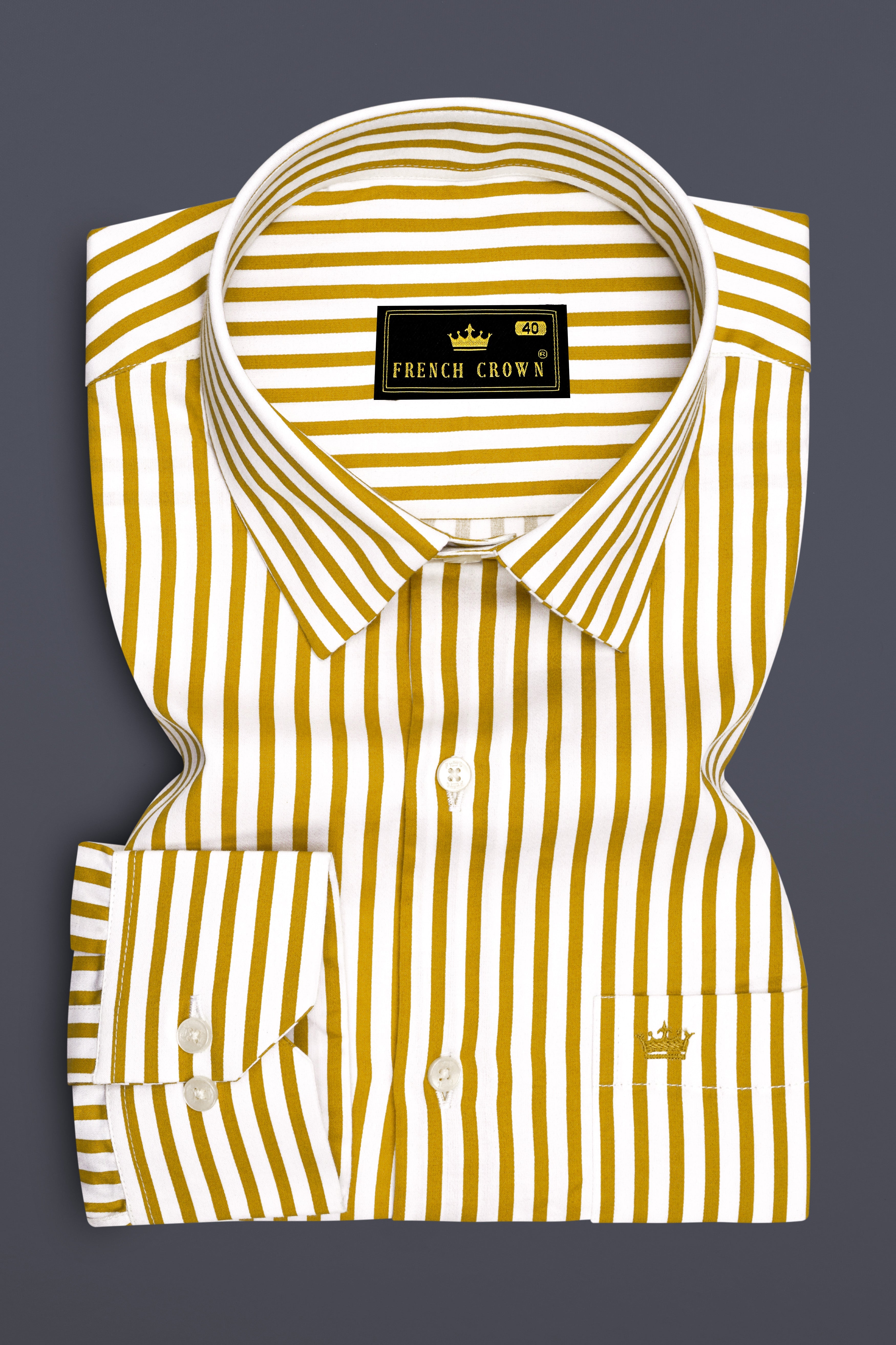 Terrasol-Ochre Yellow And Bright White Candy Striped Subtle Sheen Super Soft Premium Cotton Dress Shirt