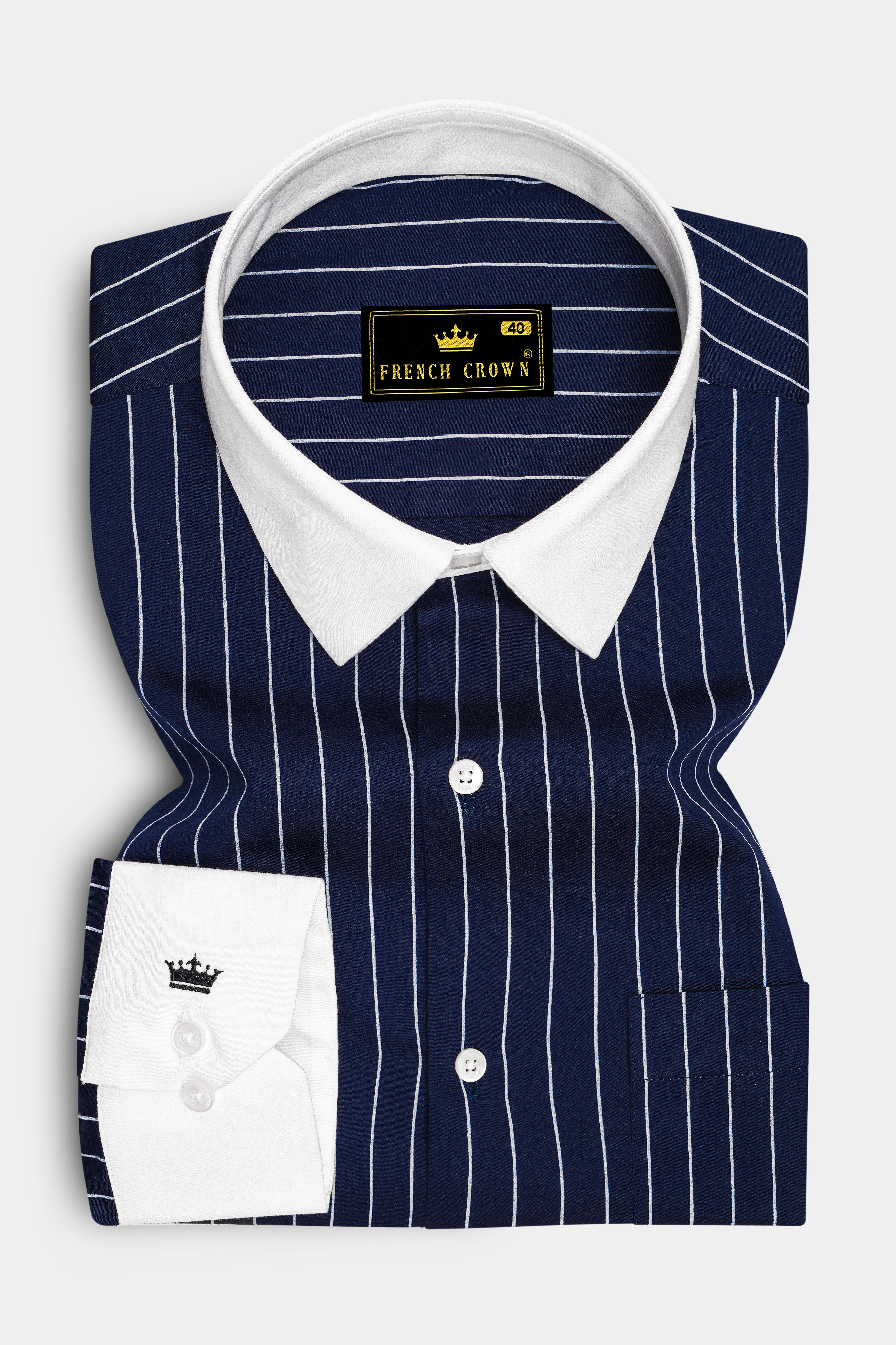 Noctaro-Ebony Blue And Bright White Pin Striped Super Soft Premium Cotton Dress White Cuff Collar Shirt