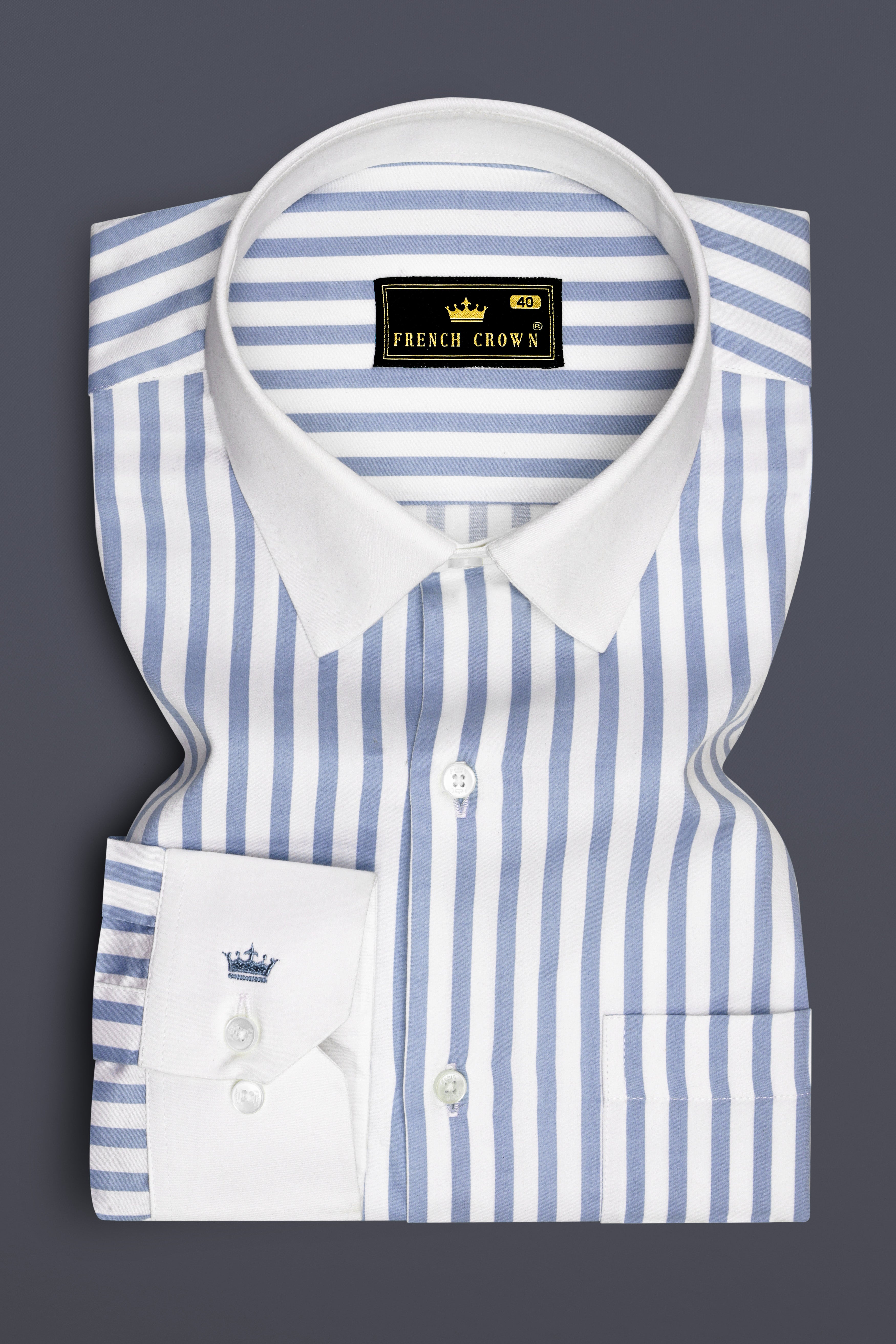Celestyn-Nepal Blue And Bright White Candy Striped Super Soft Premium Cotton Dress White Cuff Collar Shirt