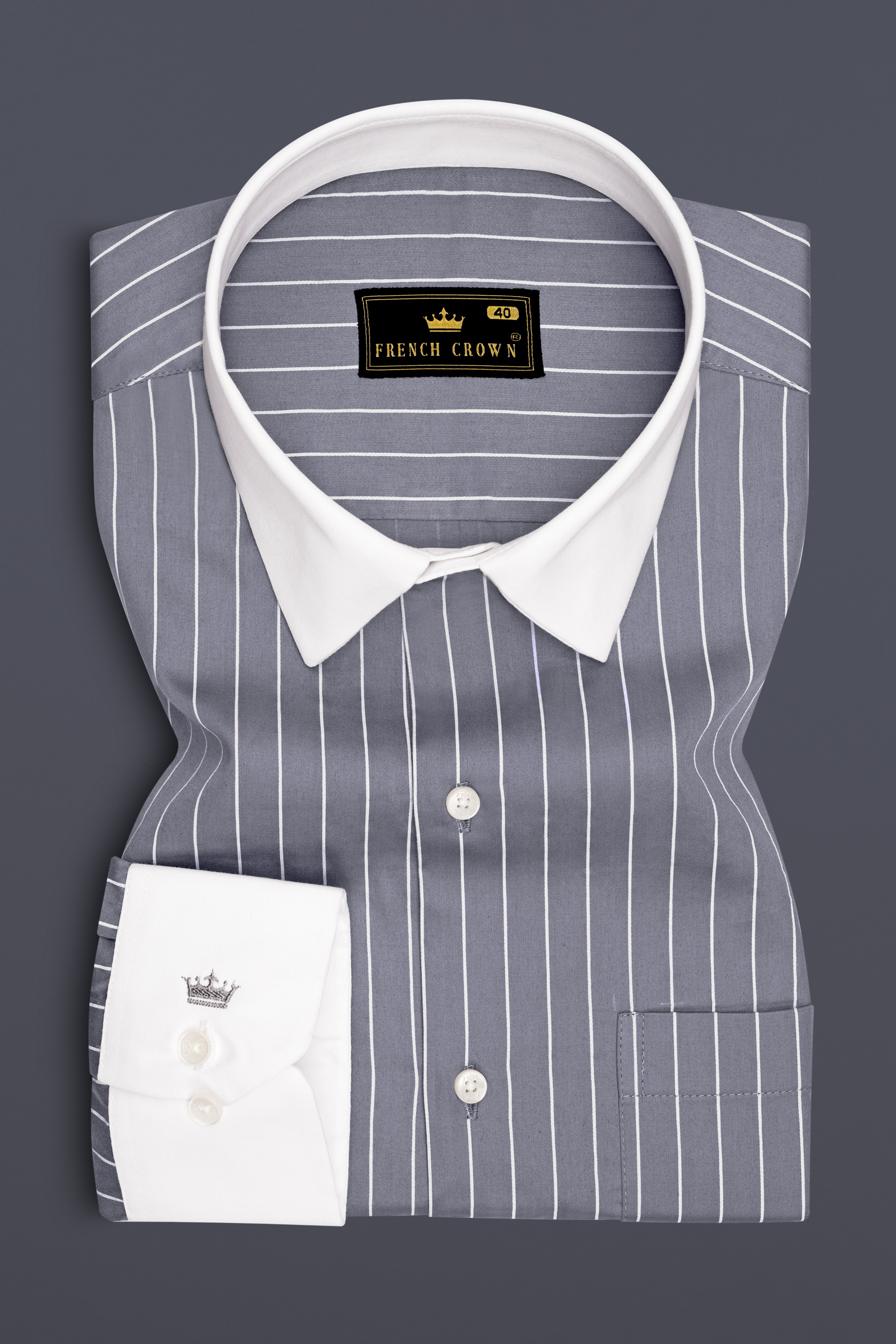 Chrome-Storm Gray And Bright White Pin Striped Super Soft Premium Cotton Dress White Cuff Collar Shirt