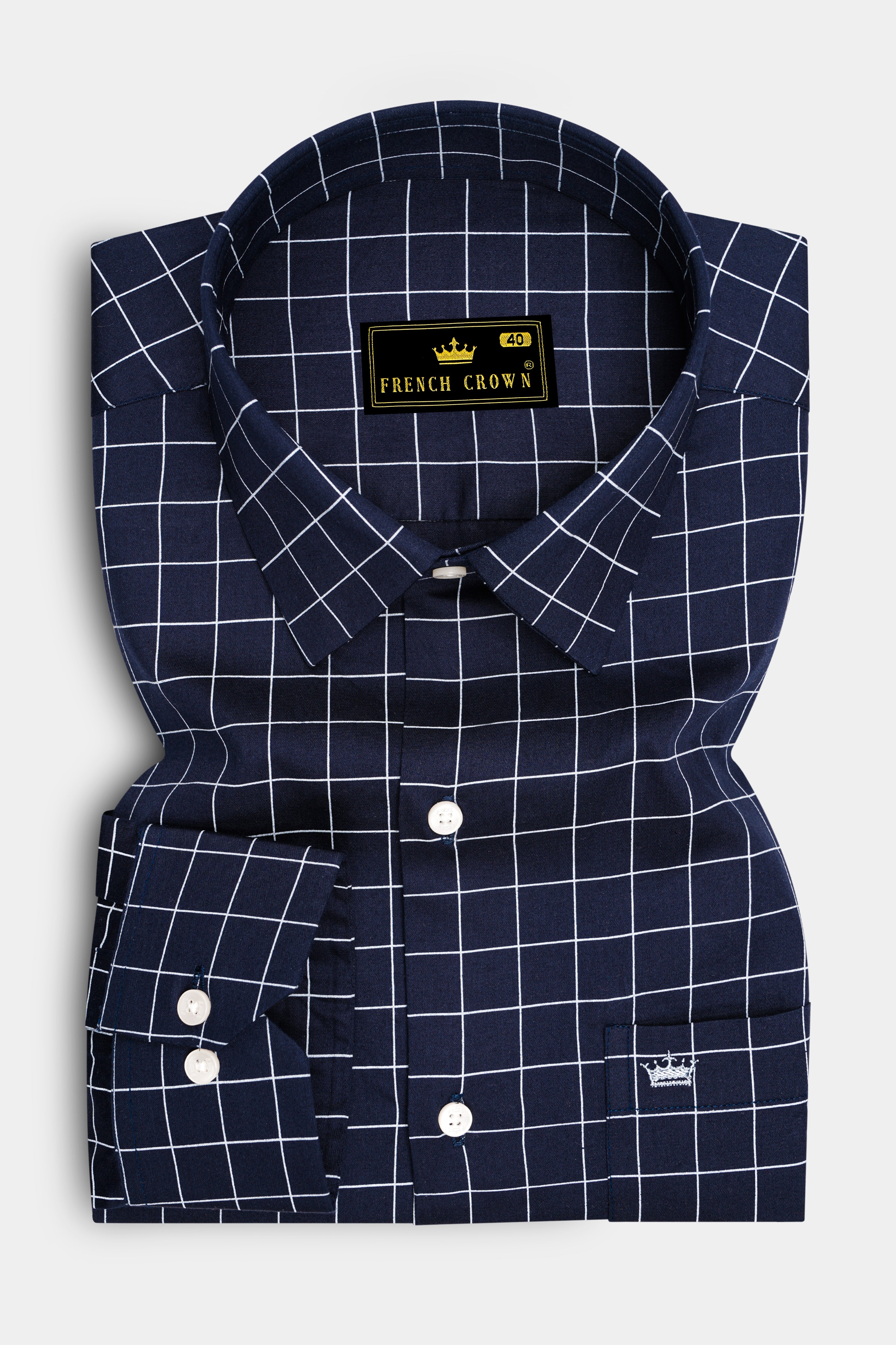 Azure-Mirage Blue And Bright White Windowpane Subtle Sheen Super Soft Premium Cotton Dress Shirt