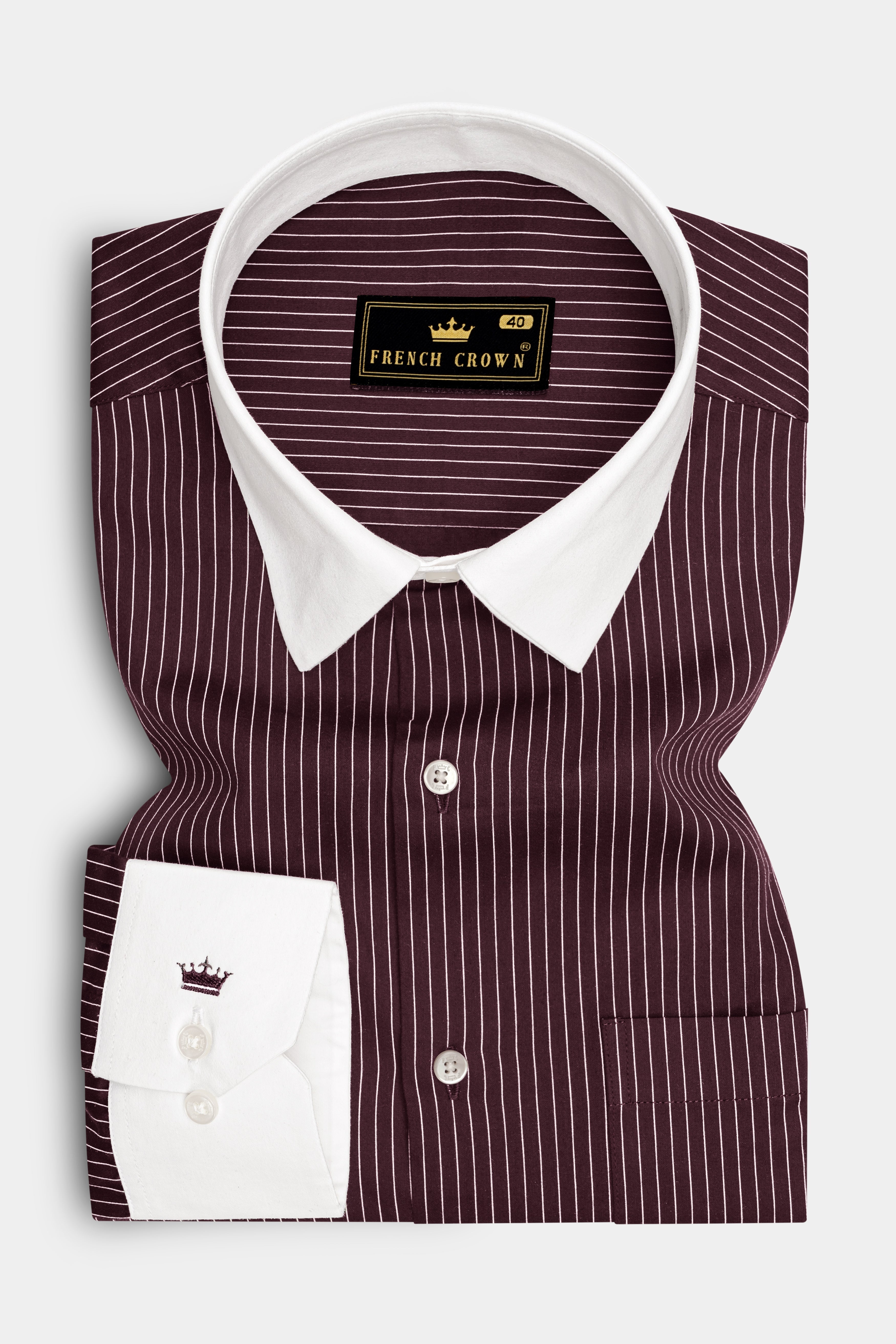 Claret-Aubergine Maroon And Bright White Pin Striped Subtle Sheen Super Soft Premium Cotton Dress White Cuff Collar Shirt