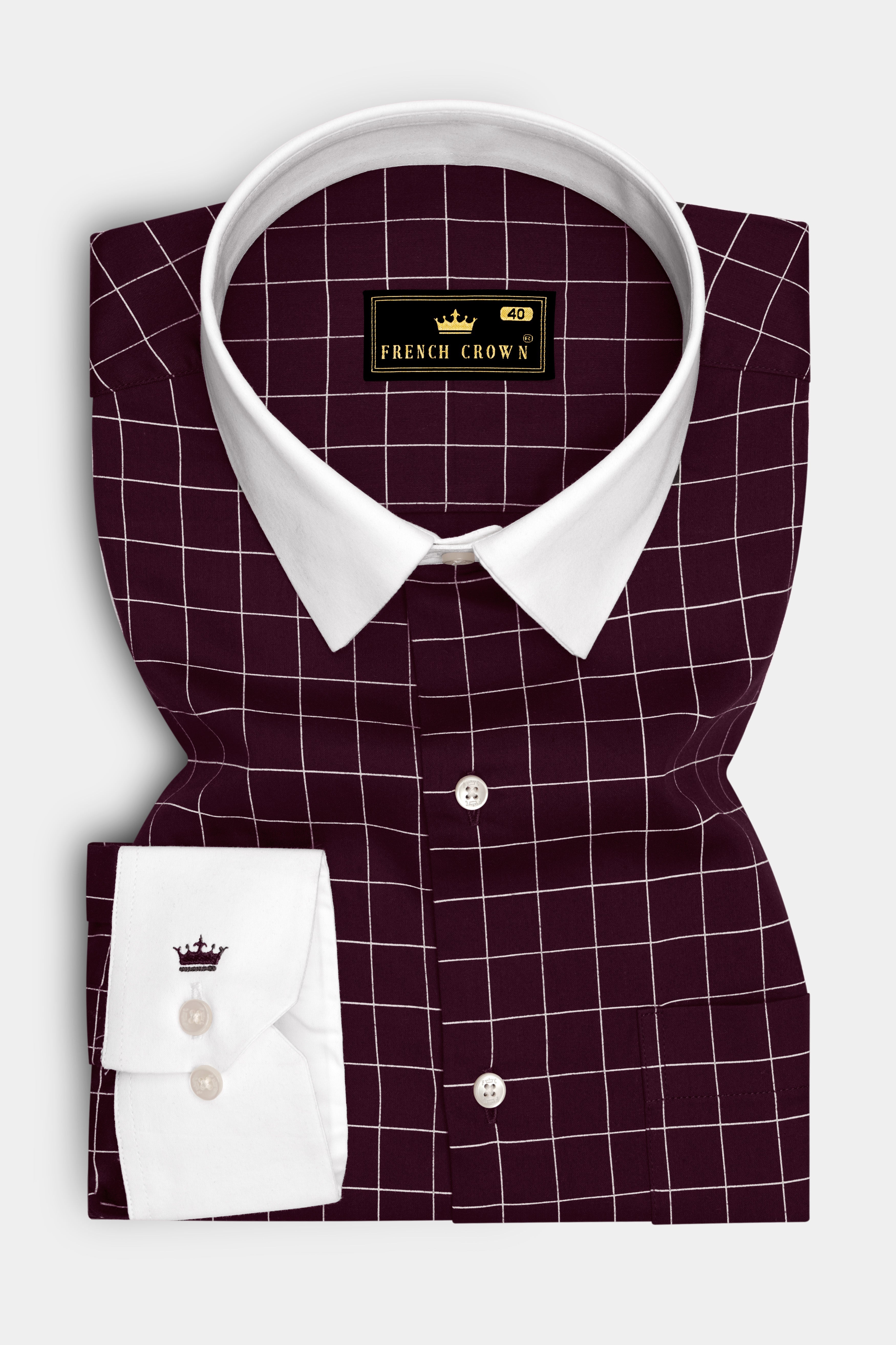 Garnet-Tamarind Maroon And Bright White Windowpane Subtle Sheen Super Soft Premium Cotton Dress White Cuff Collar Shirt