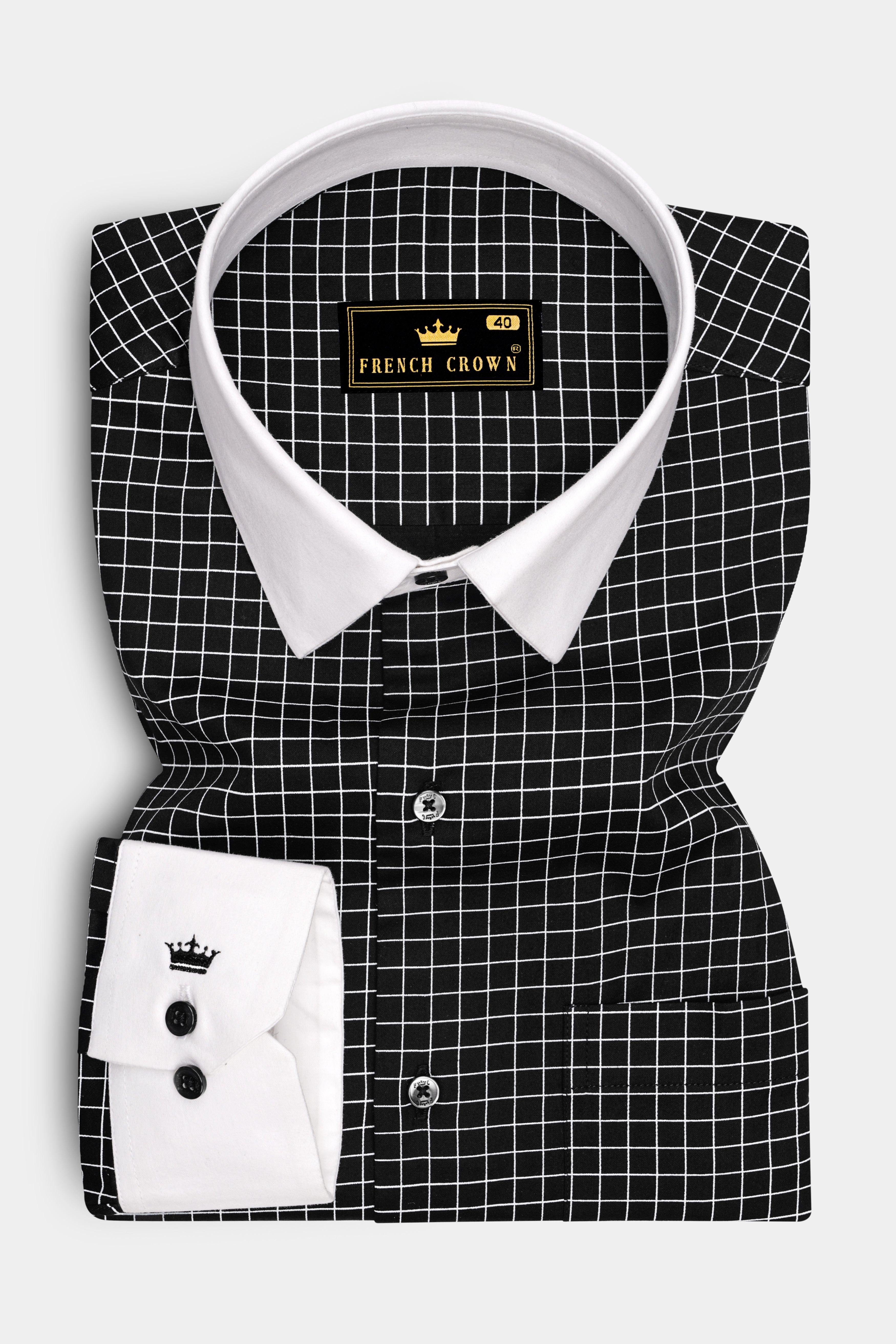 Ebon-Jade Black And Bright White Plaid Subtle Sheen Super Soft Premium Cotton Dress White Cuff Collar Shirt