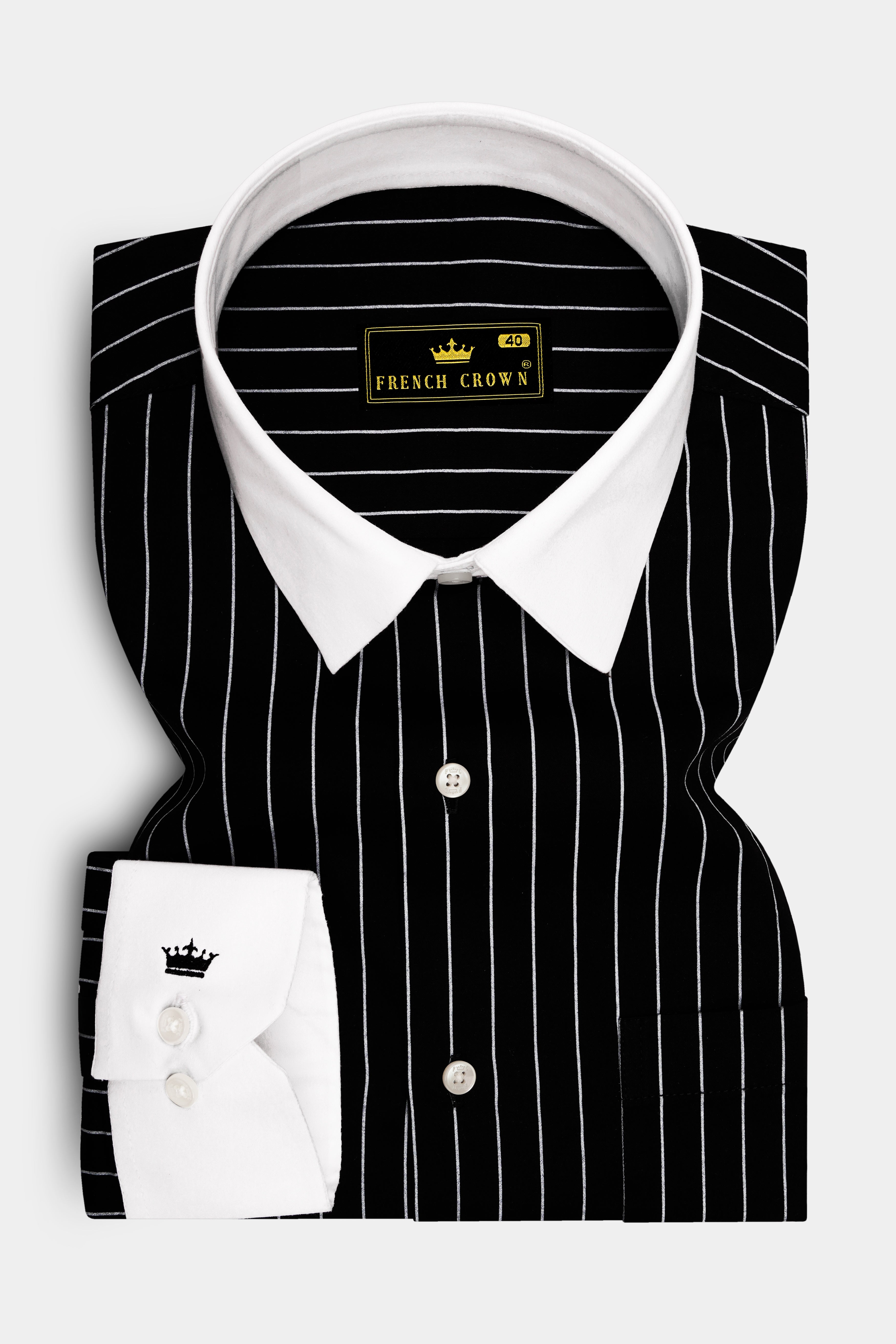 Regalux-Jade Black And Bright White Pin Striped Super Soft Premium Cotton Dress White Cuff Collar Shirt
