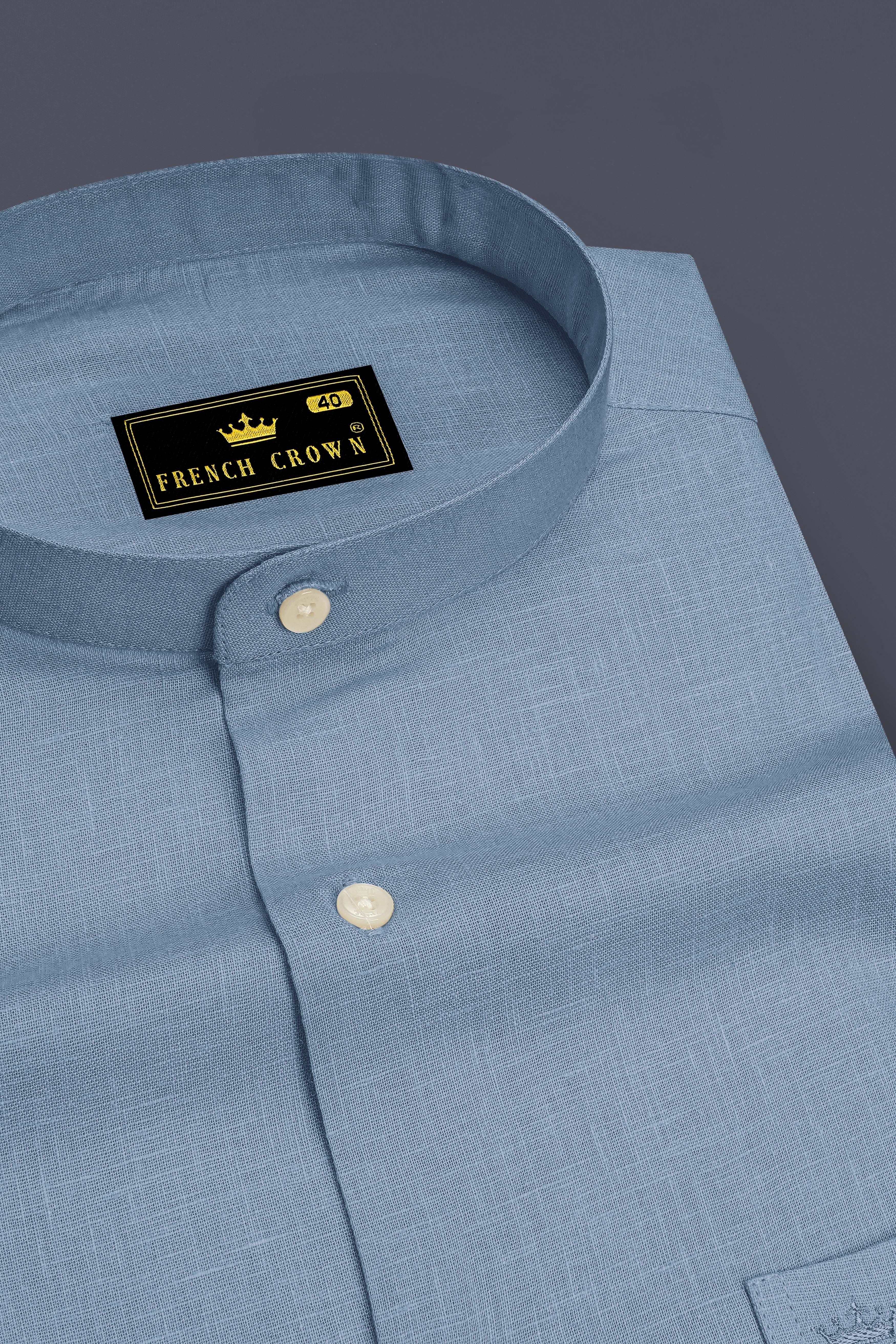 Poise-Waterloo Blue Luxurious Linen Mandarin Dress Shirt