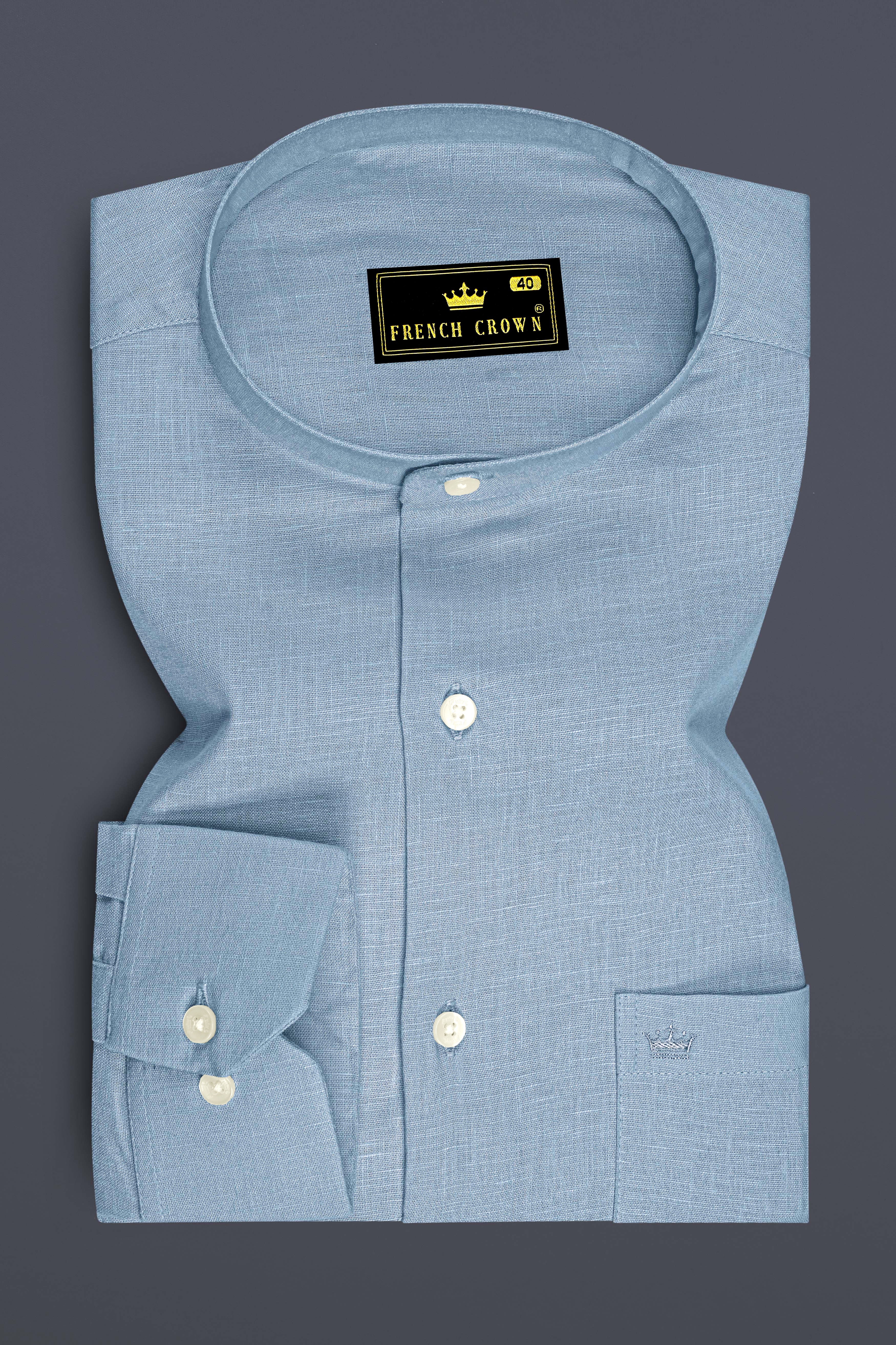 Poise-Waterloo Blue Luxurious Linen Mandarin Dress Shirt